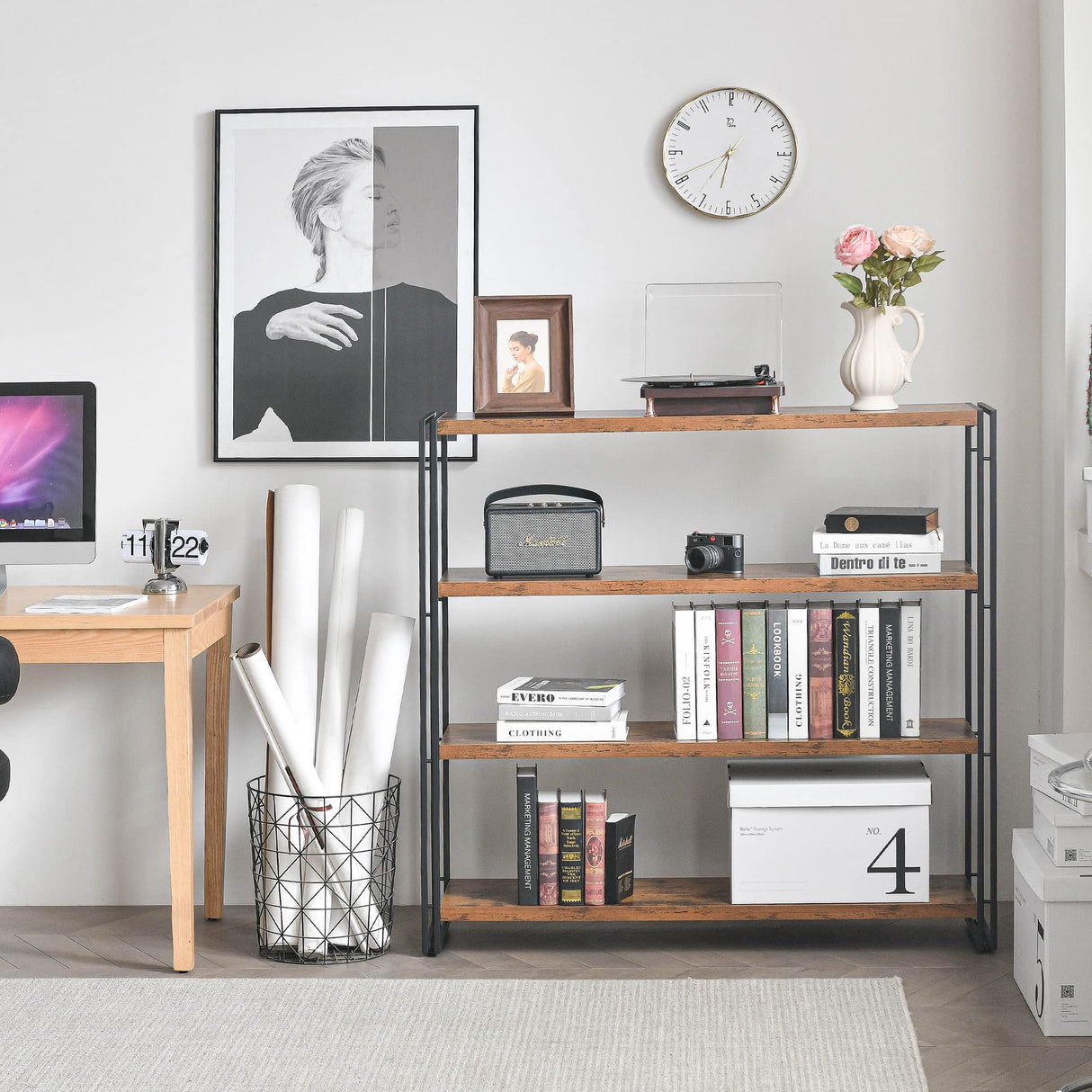 HCHQHS Bookshelf,4-Tier Industrial Bookcase,Rustic Wood and Metal Open Display Book Shelves Home Office,Bedroom Standing Shelf Unit,Horizontal Kitchen Shelf Organizer,Bathroom Storage Rack 47in