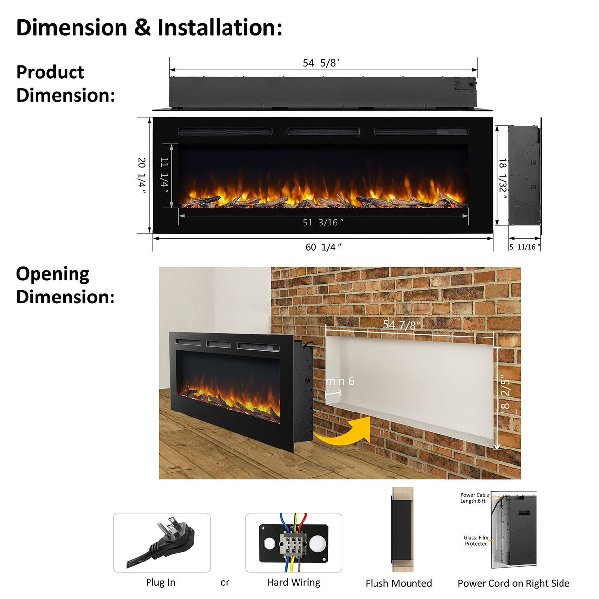 PuraFlame Alice 60 Inches Recessed Electric Fireplace, Flush Mounted for 2 X 6 Stud, Log Set & Crystal, 1500W Heater, Remote Control, Black PuraFlame