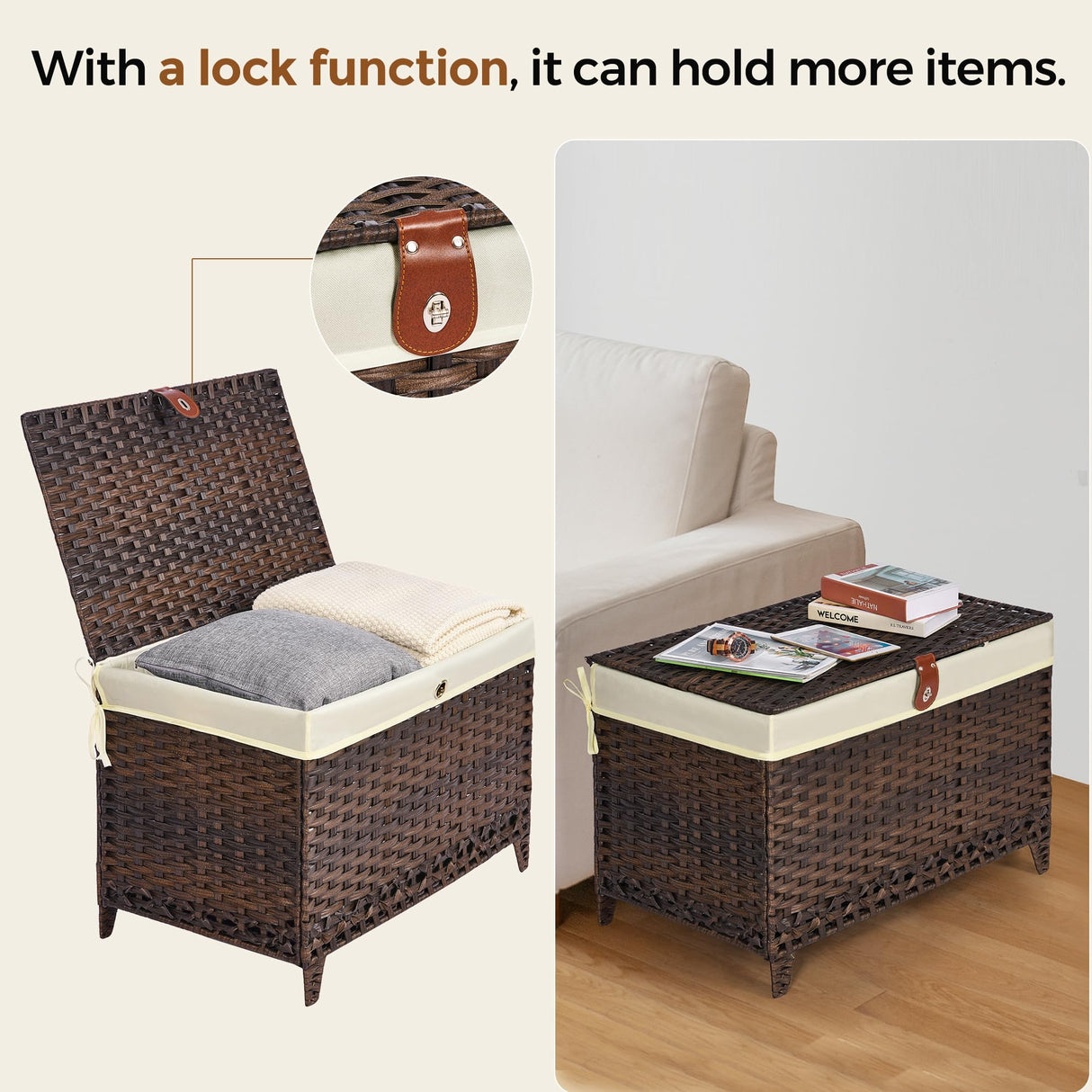 Honjourai Wicker Storage Basket with Lid,Rattan Shelf Basket with Removable Liner Bag,160L Storage Bin,Storage Trunk with Heightened Feet,Storage Container for Wardrobe,Home Organizer Honjourai