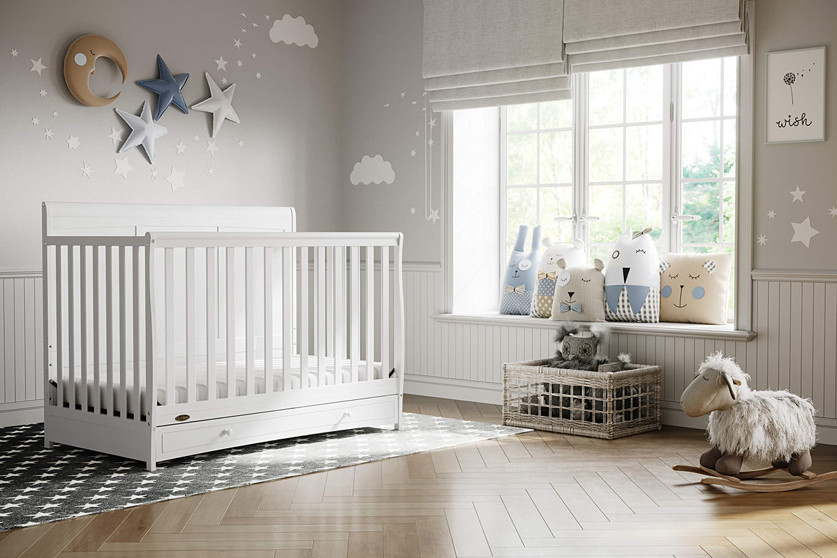 Graco Asheville 5-in-1 Convertible Crib with Drawer (White) – GREENGUARD Gold Certified, Crib with Drawer Combo, Full-Size Nursery Storage Drawer, Converts to Toddler Bed, Daybed and Full-Size Bed Graco