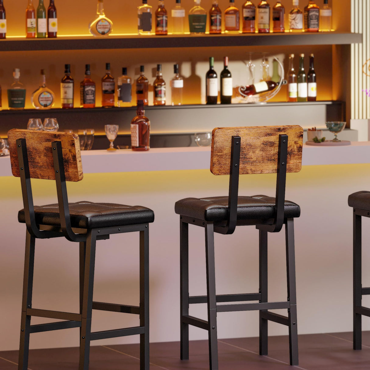 IRONCK Bar Stools Set of 2, 16.5in Square PU Upholstered Barstools with Back and Footrest, Thick Cushion Stools for Kitchen Island for Dining Room Kitchen Counter Bar, Rustic Brown and Black IRONCK