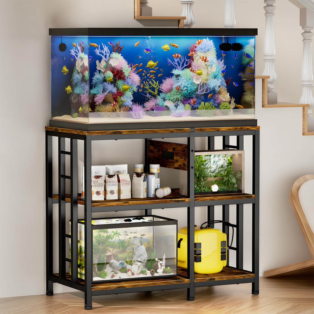 MILEFA Reinforced 40-50 Gallon Aquarium Stand with Power Outlet | Ultra-Stable 750LBS Capacity Metal Fish Tank Stand for Reptile/Aquatic Setups, 5-Tier Adjustable 37"x19" Steel Shelving System MILEFA