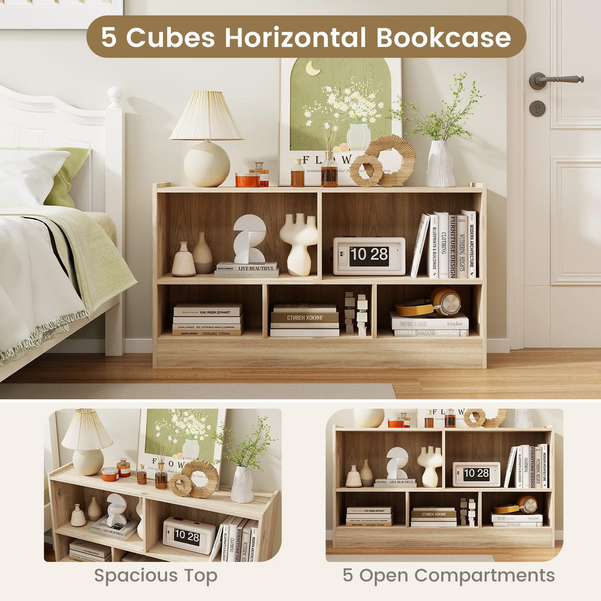 SILKYDRY 5 Cube Storage Organizer, 2-Tier Horizontal Bookshelf, Wooden Display Book Shelves for Home Office Classroom, Low Bookcase Under Window (Natural, 44” x 12” x 24”) SILKYDRY