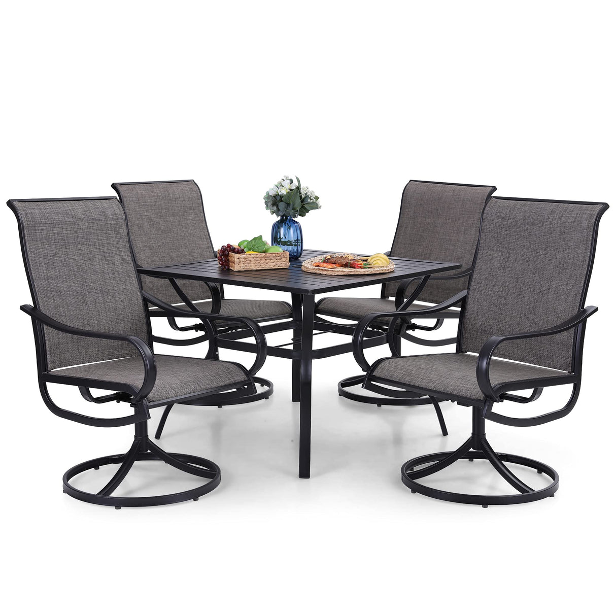 PHI VILLA 5 Piece Patio Dining Set Clearance with 4 Swivel Dining Chairs & 1 Square Metal Dining Table with 1.57 inches Hole, for Outdoor Kitchen Lawn & Garden Black Coated PHI VILLA
