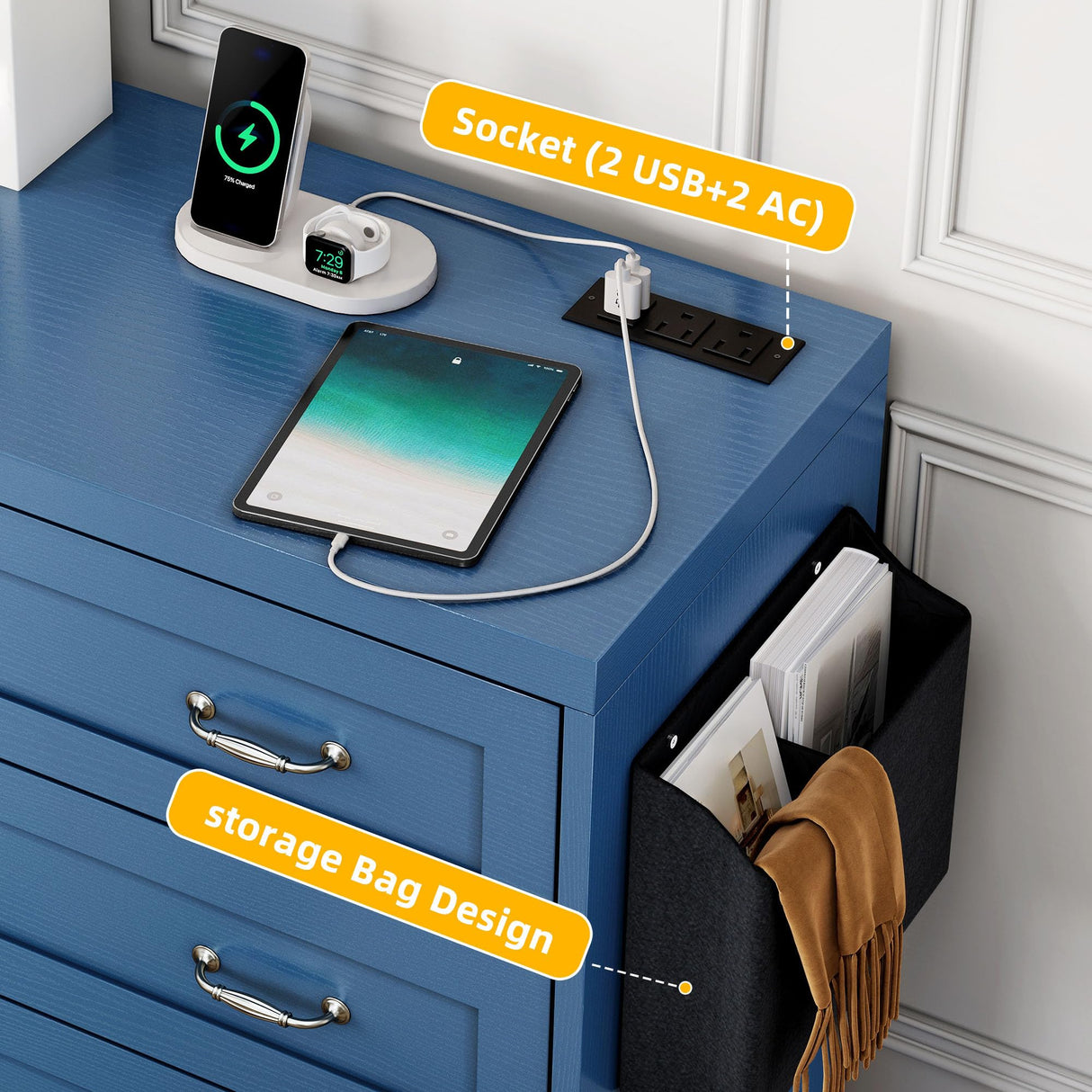 YITAHOME 6 Drawers TV Stand for 65 inches with Power Outlets -Chest of Drawers Dresser with Side Organizer Bag Entertainment Center TV Console, Blue YITAHOME