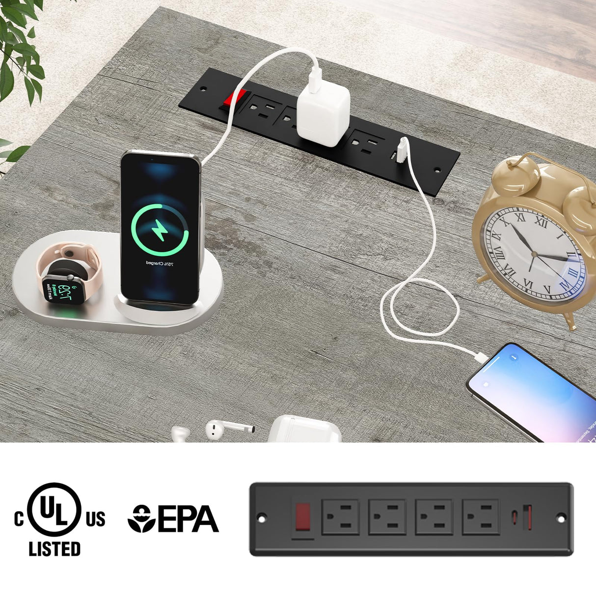 Farmhouse 61'' Executive Desk with 5 Drawers, Rustic Office Desk Computer Desk with Charging Station, File Drawers and Storage Cabinet, Wood Workstation for Home Office and Study, Gray Halitaa