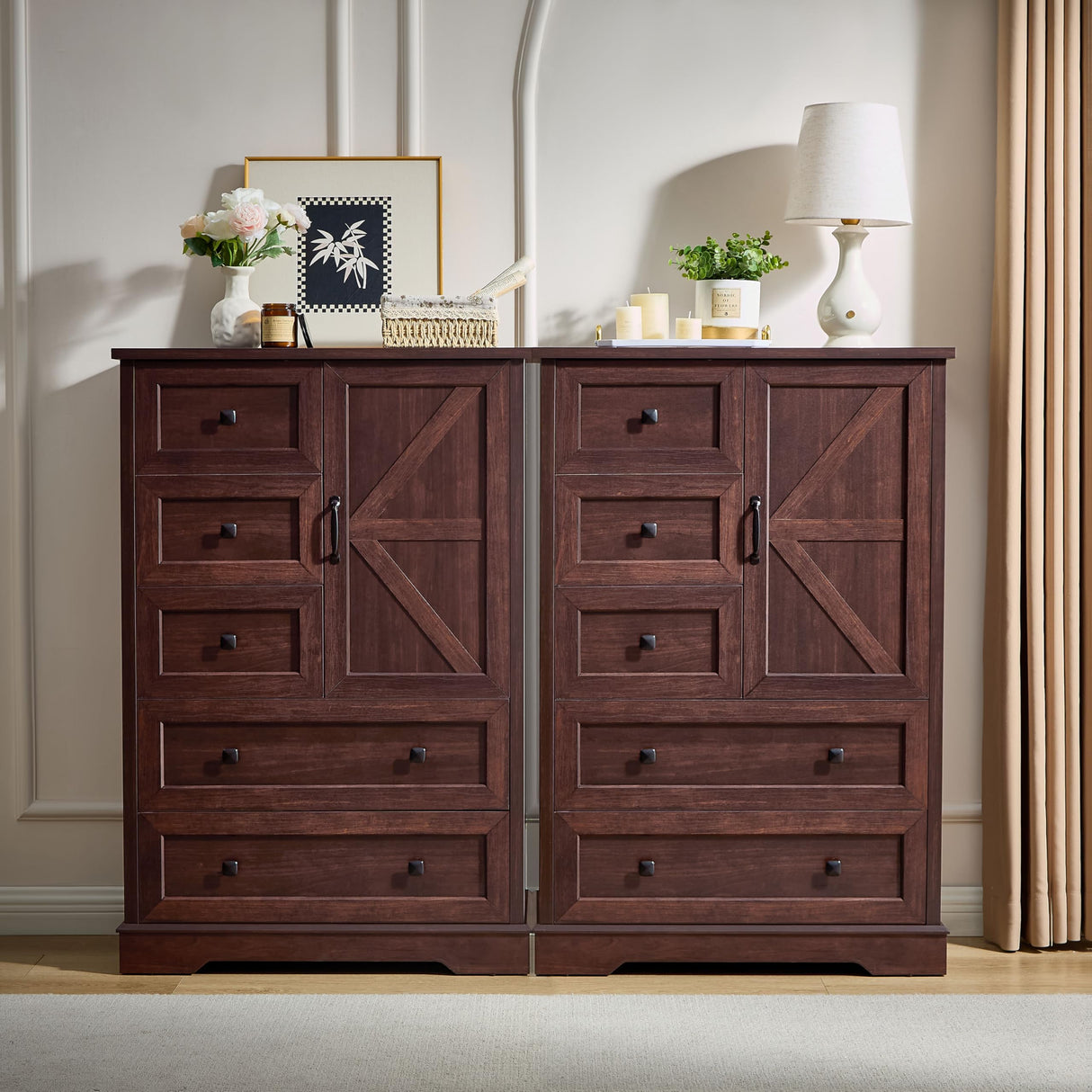 SOOWERY Dresser for Bedroom, Farmhouse Dresser with 5 Wooden Drawers and Storage Cabinet, 48 Inches Tall Chest of Drawers for Bedroom, Living Room, Hallway, Dark Cherry SOOWERY