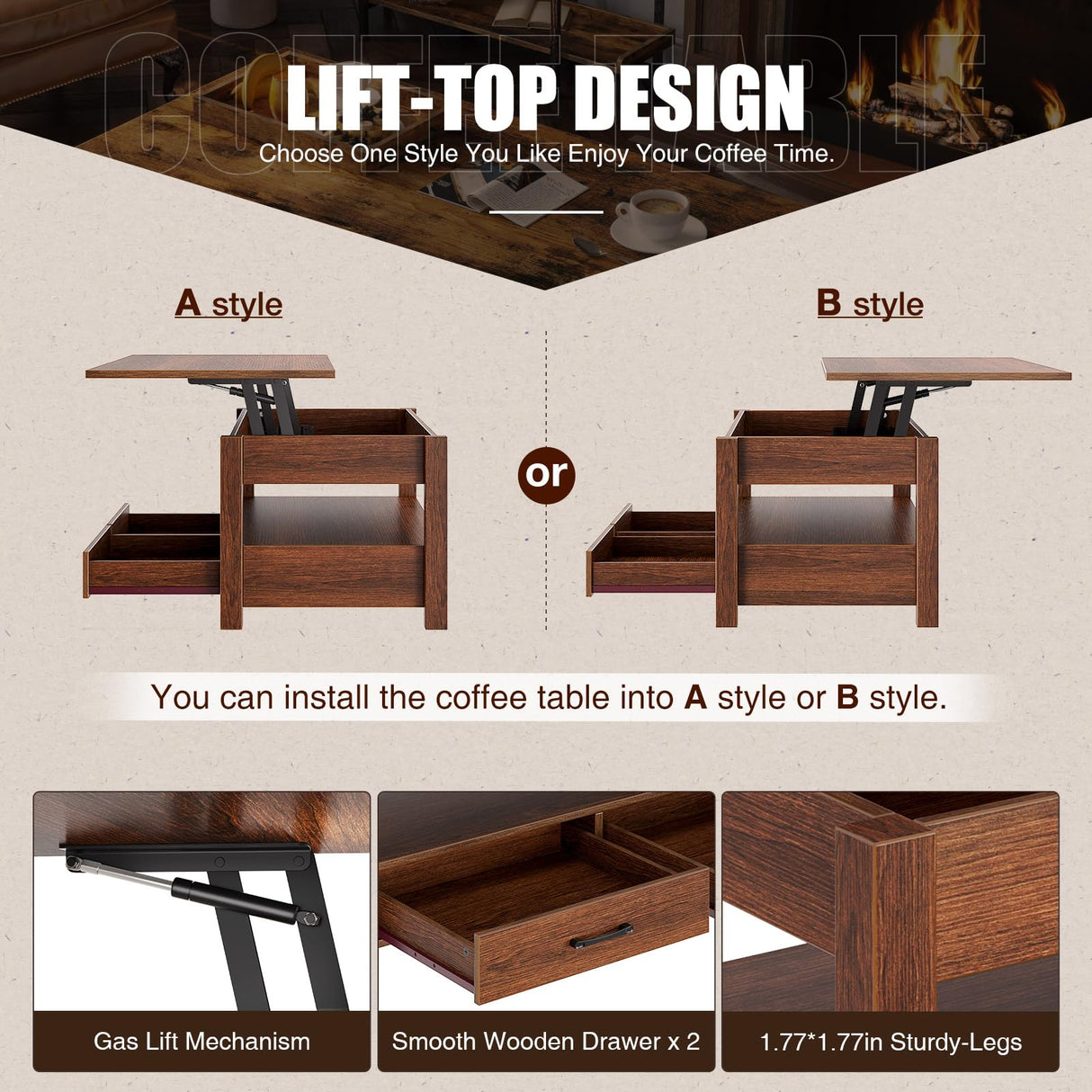 Rolanstar Coffee Table, Lift Top Coffee Table with Drawers and Hidden Compartment, Retro Central Table with Wooden Lift Tabletop, for Living Room,Espresso Rolanstar