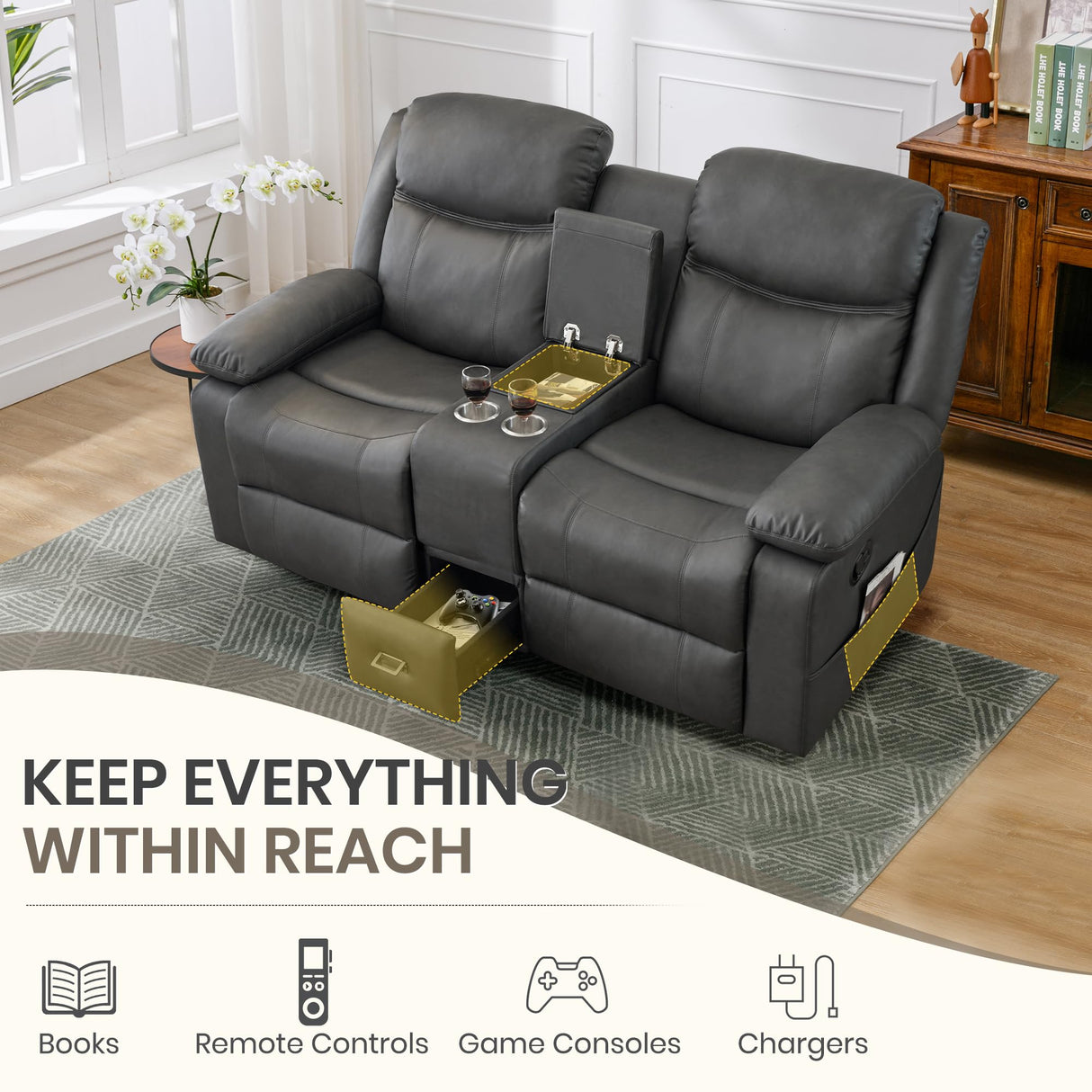 CALIVIA Manual Reclining Loveseat with Massage and Heat, Double Recliner Sofa with Center Console, Cup Holders & Storage for Living Room, RV (Grey) CALIVIA