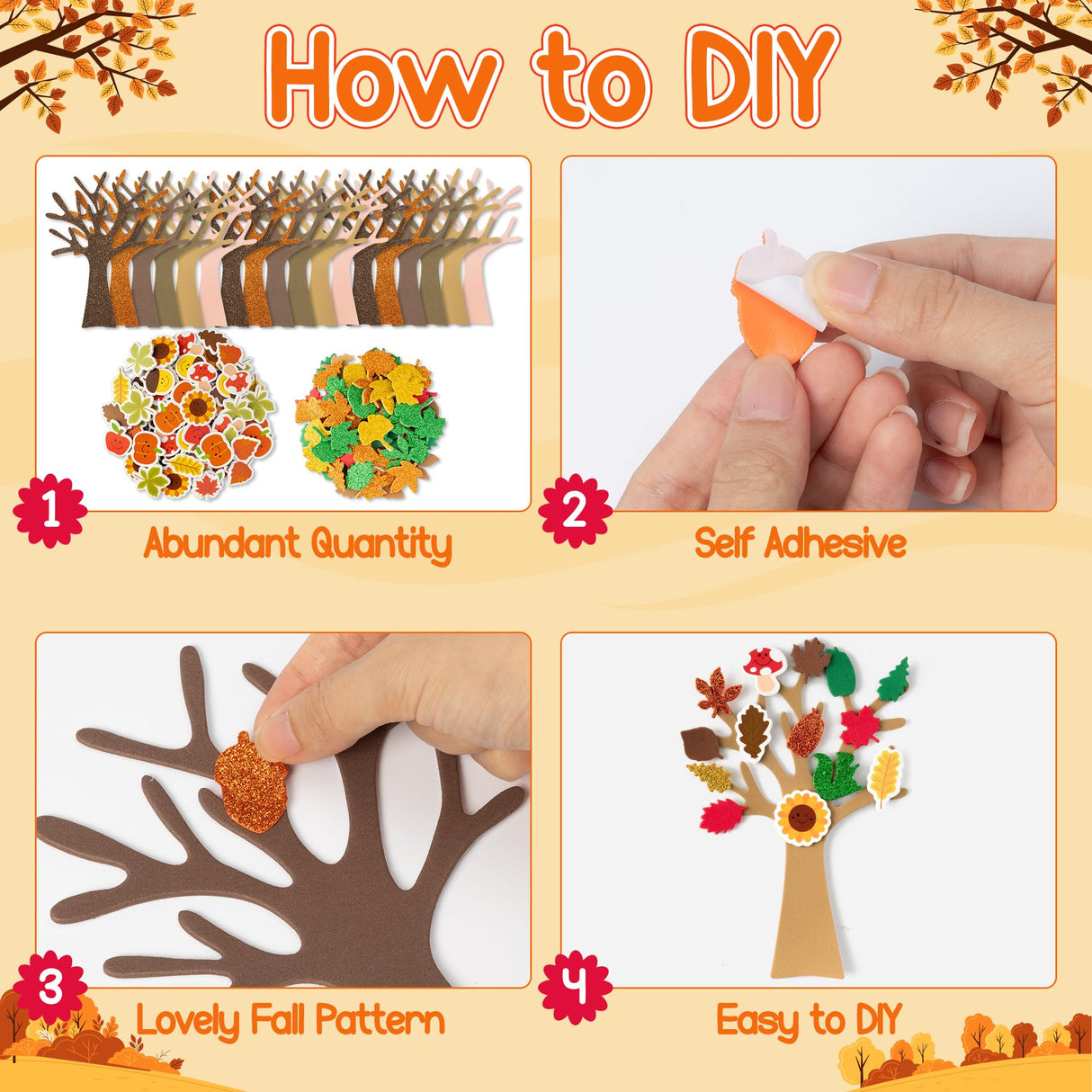 JAPBOR Fall Tree Crafts for Kids - 224PCS DIY Autumn Foam Stickers Art Craft Kit, Glitter Self Adhesive Tree Bulk, Make Your Own Thanksgiving Party Game Supplies for Home Classroom School Activities JAPBOR