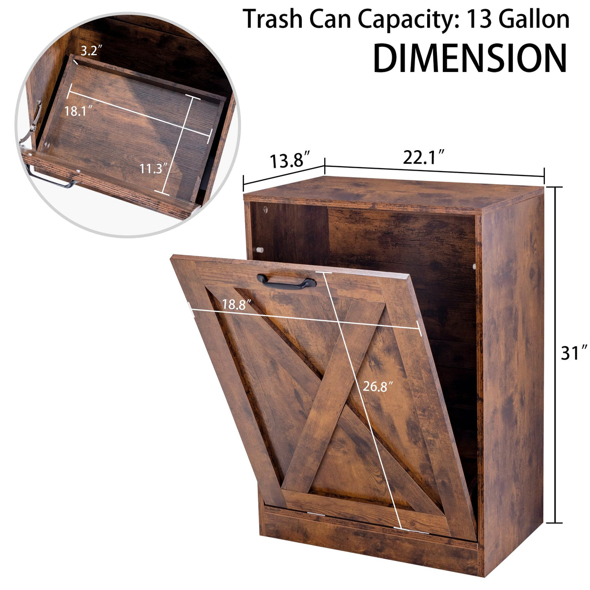 Zvyteay 13 Gallons Tilt Out Trash Can Cabinet, Wooden Free Standing Kichen Waste Bin Recycling Cabinet Hidden Trash Cabinet Laundry Cabinet Pet Food Cabinet (Rustic Brown) Zvyteay
