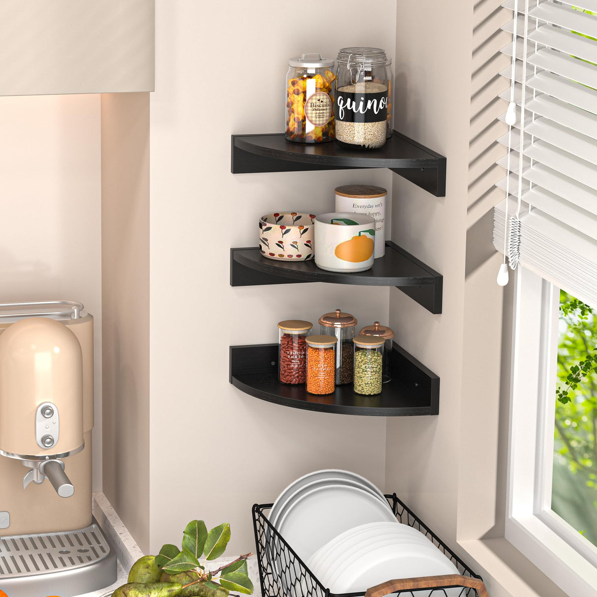 Fun Memories Corner Shelf Wall Mount, Wood Floating Corner Shelves, Corner Wall Shelf for Bedroom, Bathroom, Kitchen, Living Room (Black, 3 Pack) Fun Memories