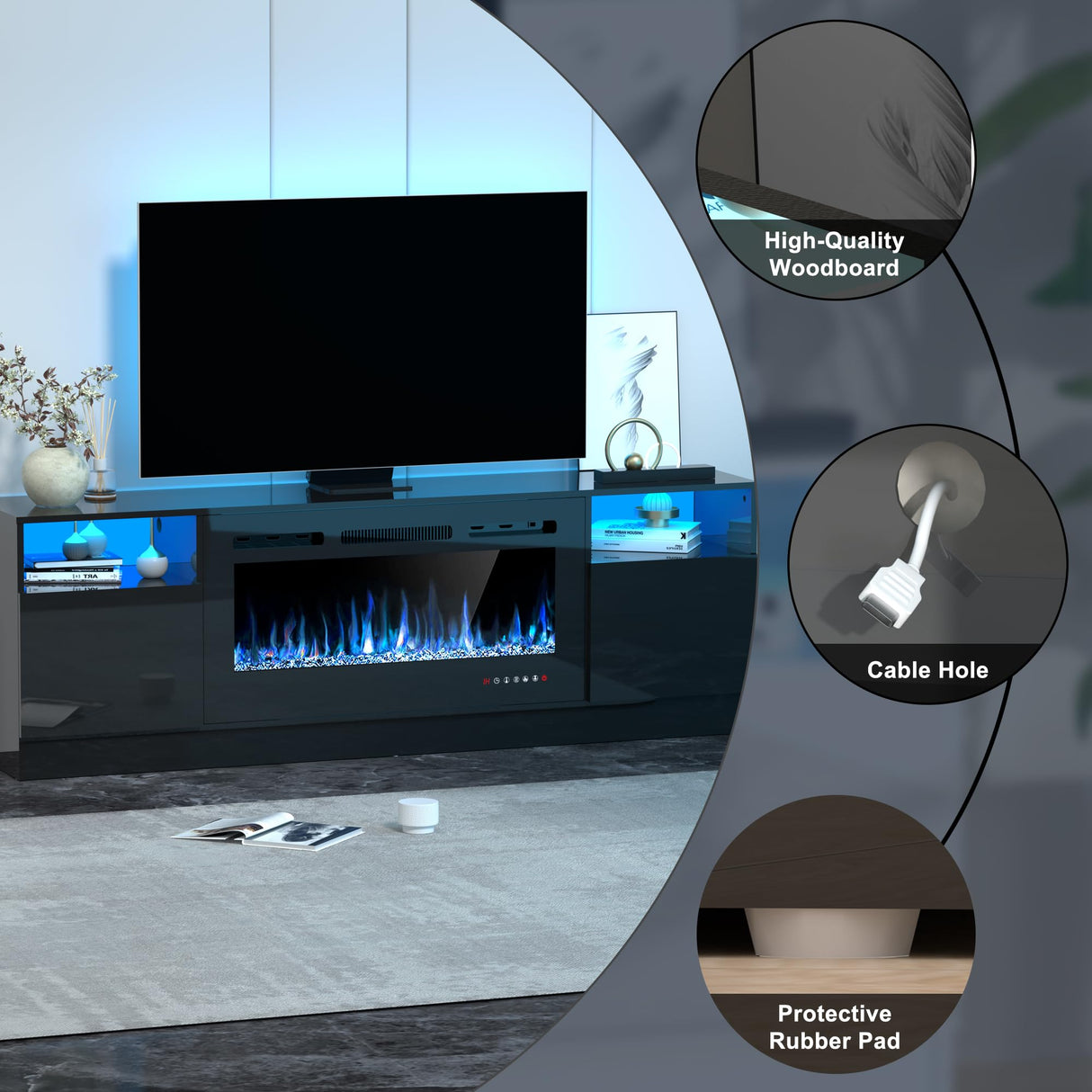 OUTGUAVA Fireplace TV Stand for 80 Inch TV, TV Stand with 36" Fireplace, LED Light Entertainment Center with Storage Cabinets, Media TV Console TV Table for Living Room, Black OUTGUAVA