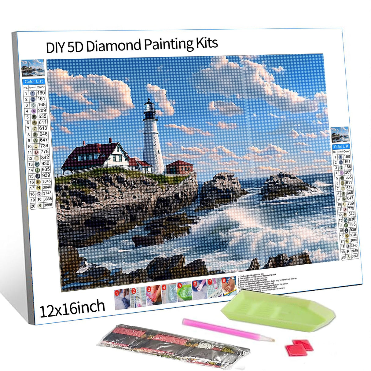 Portland Head Lighthouse Diamond Painting DIY 5D, Numbering Kit, American Seascape Seaside Red House Wall Art Crystal Rhinestone Embroidery Painting Home Decor Adults Nordics Gift(12''Wx 16''H) Tucocoo