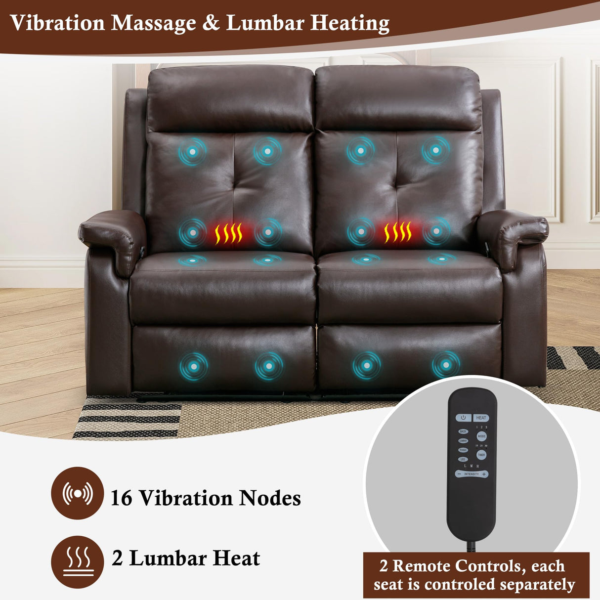 GUEAPY Loveseat Recliner Sofa with Heat and Massage – Manual Double Reclining 2-Seater Couch with Infinite Positions, Ergonomic Padded Seat, Side Pockets, for Living Room, Bedroom, Home Theater GUEAPY