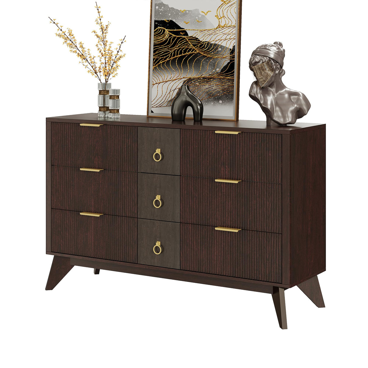 LIKIMIO Dresser for Bedroom 9 Drawers with LED Light, 55" Wide Fluted Chest of Drawers, Wood Closet Organizer, Curved Profile Design, TV Stand for Living Room, Hallway, Walnut with Brown LIKIMIO