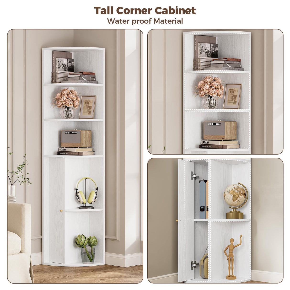 IRONCK 71" Tall Corner Cabinet with Doors, 5-Tier Open Bookcase and Bookshelf, Freestanding Display Storage Shelves Tall Bookcase for Bedroom, Living Room and Office, White IRONCK