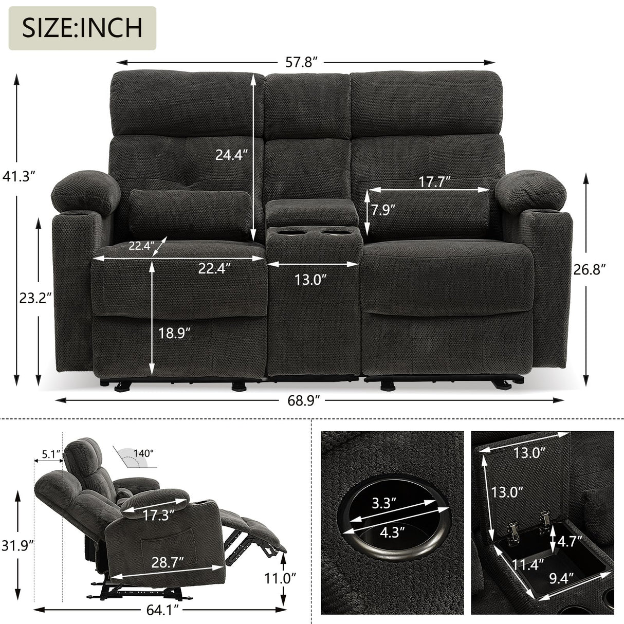 Consofa Power Reclining Loveseat with Console, Power Loveseat Recliner Sofa with Heat and Massage, Extended Footrest, Reclining Loveseat with Cup Holders, Lumbar Support for Living Room, RV Loveseat Consofa