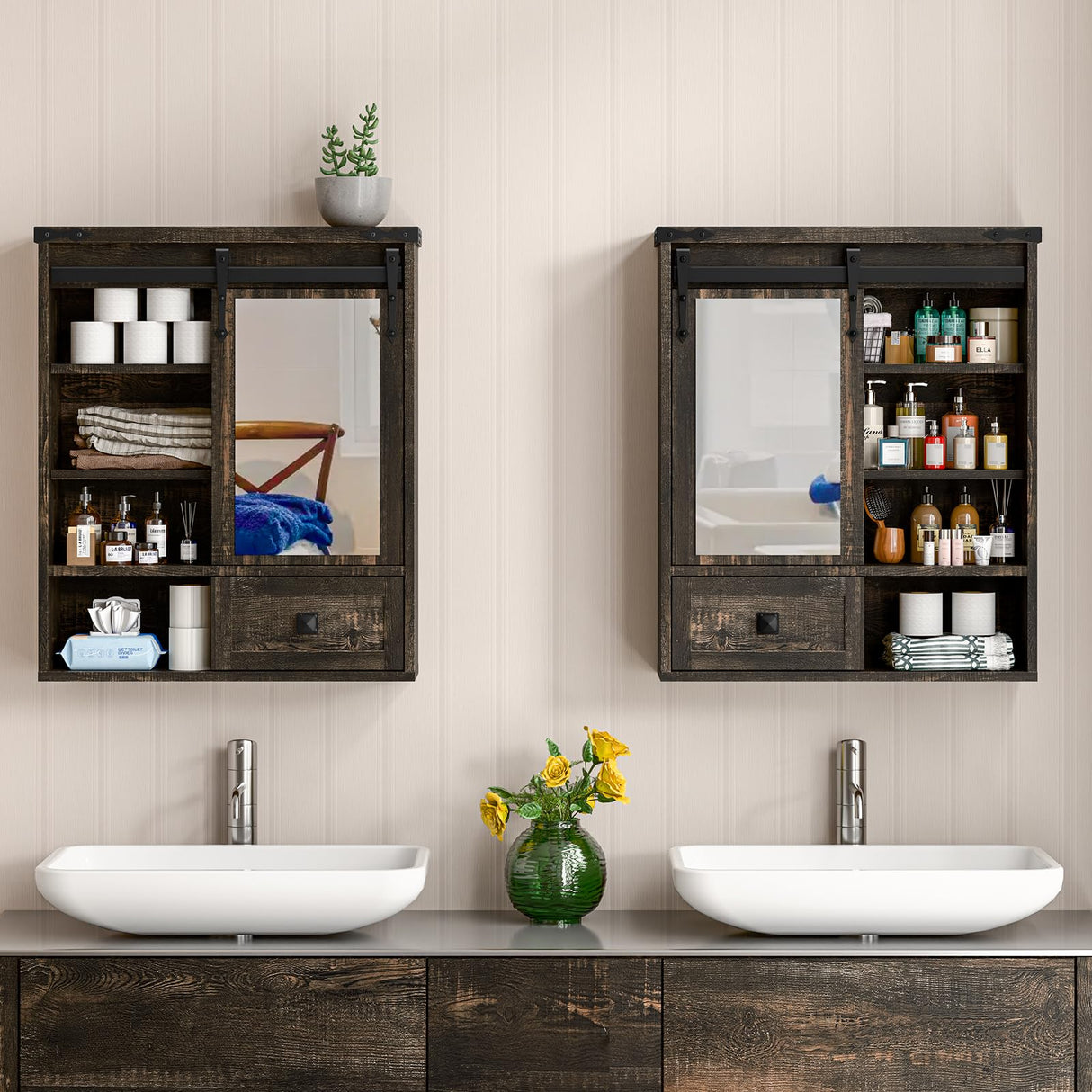 Bathroom Wall Cabinet, Farmhouse Medicine Cabinet with Sliding Mirror Door and Adjustable Shelves, Over The Toilet Space Saver Storage Cabinet with Towels Bar, Wall Mounted Cupboard Vabches