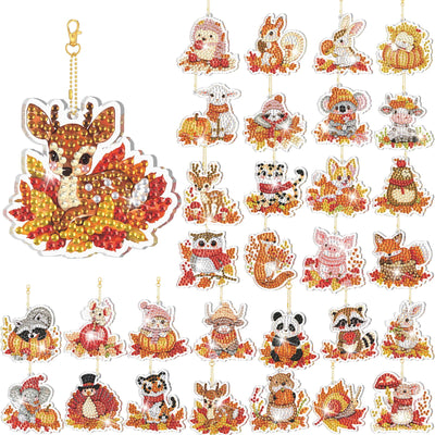 WILLBOND 30 Pcs Thanksgiving Diamond Art Keychain Kits DIY Double Sided Thanksgiving Animals Diamond Painting Keychain Ornaments for Adults Key Ring Art Pendant Fall Tree Decor