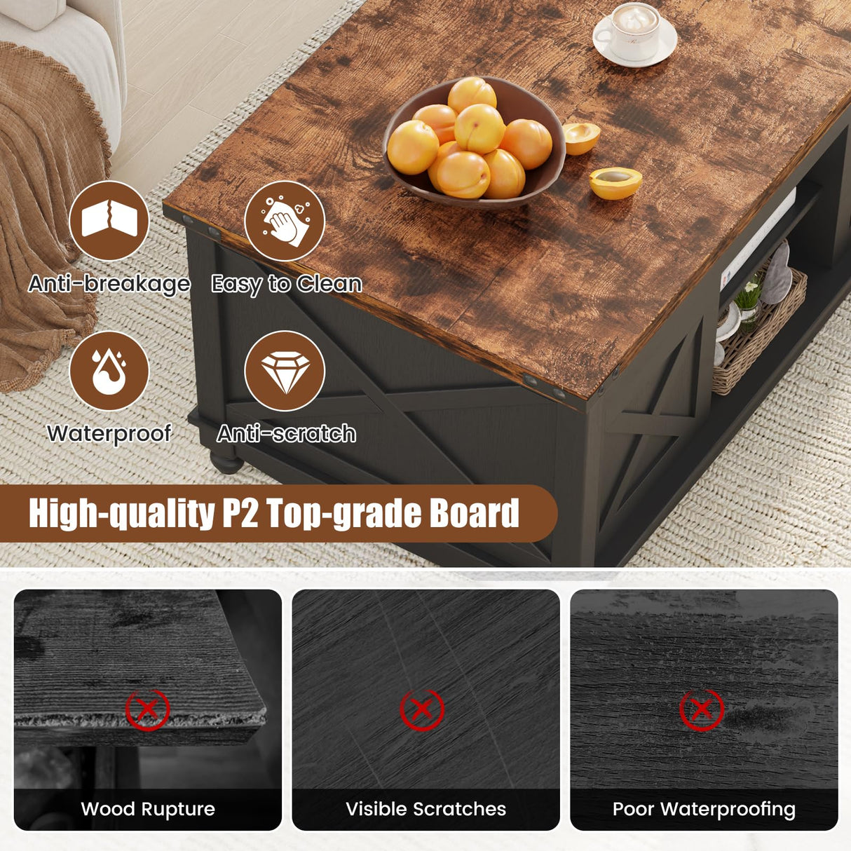 ALLSTAND 48" Farmhouse Lift Top Coffee Table with Storage Sliding Barn Door & Large Hidden Compartment, Coffee Table with Lifting Top with Wooden Lift Tabletop, Coffee Tables for Living Room, Black ALLSTAND