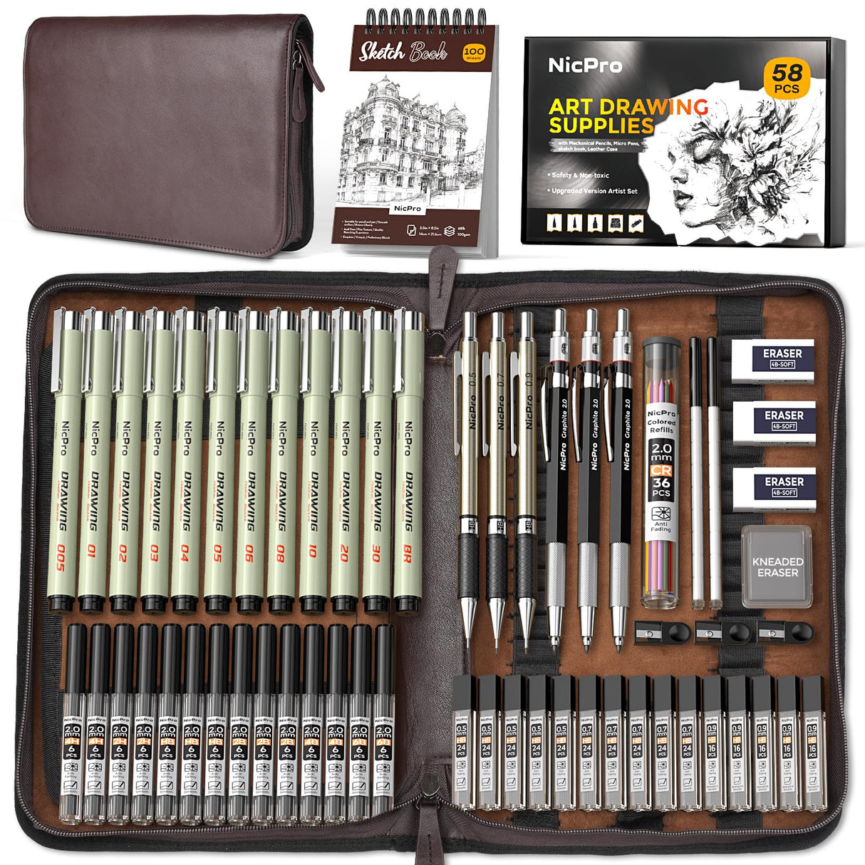 Nicpro 58 PCS Art Drawing Supplies Kit in Leather Case, Art Mechanical Pencil Set with 6 Metal Drafting Pencil 0.5 & 0.7 & 0.9 & 2mm, 12 Micron Pen, Sketch Book, 30 Tube Lead Refills for Sketching Nicpro