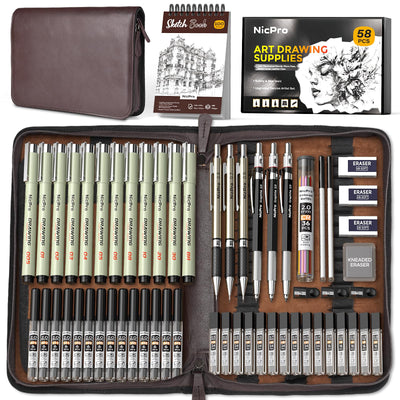 Nicpro 58 PCS Art Drawing Supplies Kit in Leather Case, Art Mechanical Pencil Set with 6 Metal Drafting Pencil 0.5 & 0.7 & 0.9 & 2mm, 12 Micron Pen, Sketch Book, 30 Tube Lead Refills for Sketching