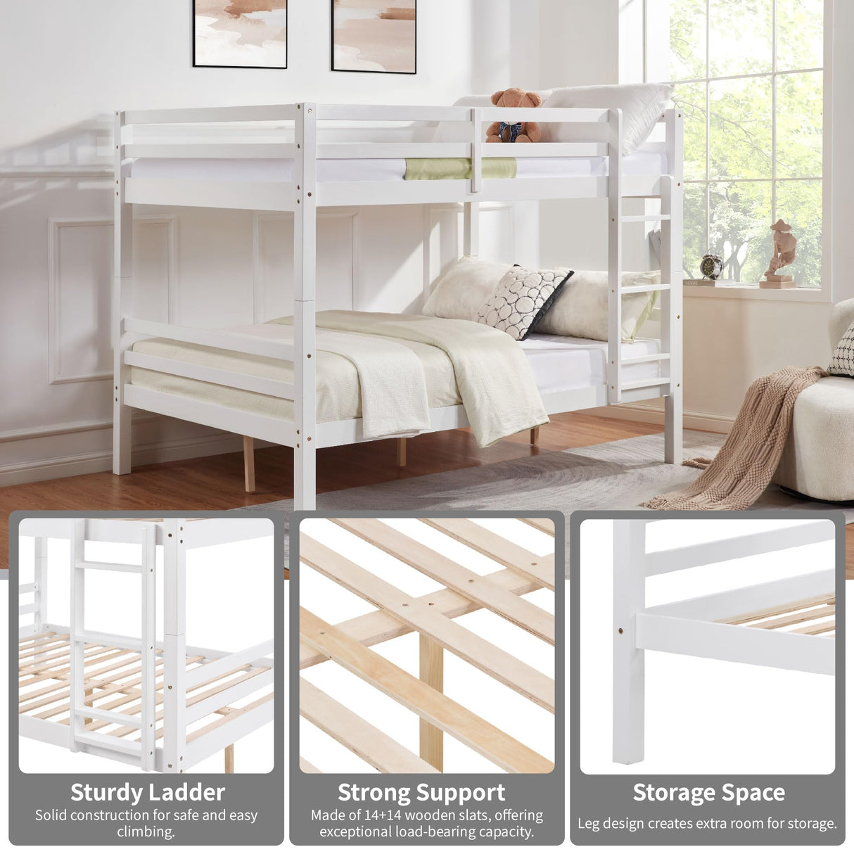 FLEXISPOT Full Over Full Solid Wood Bunk Bed with Thick Posts,Wooden Bunk Bed with High Guardrail and Ladder for Kids, Teens, Dorm Rooms, and Guest Rooms,No Box Spring Needed,White FLEXISPOT