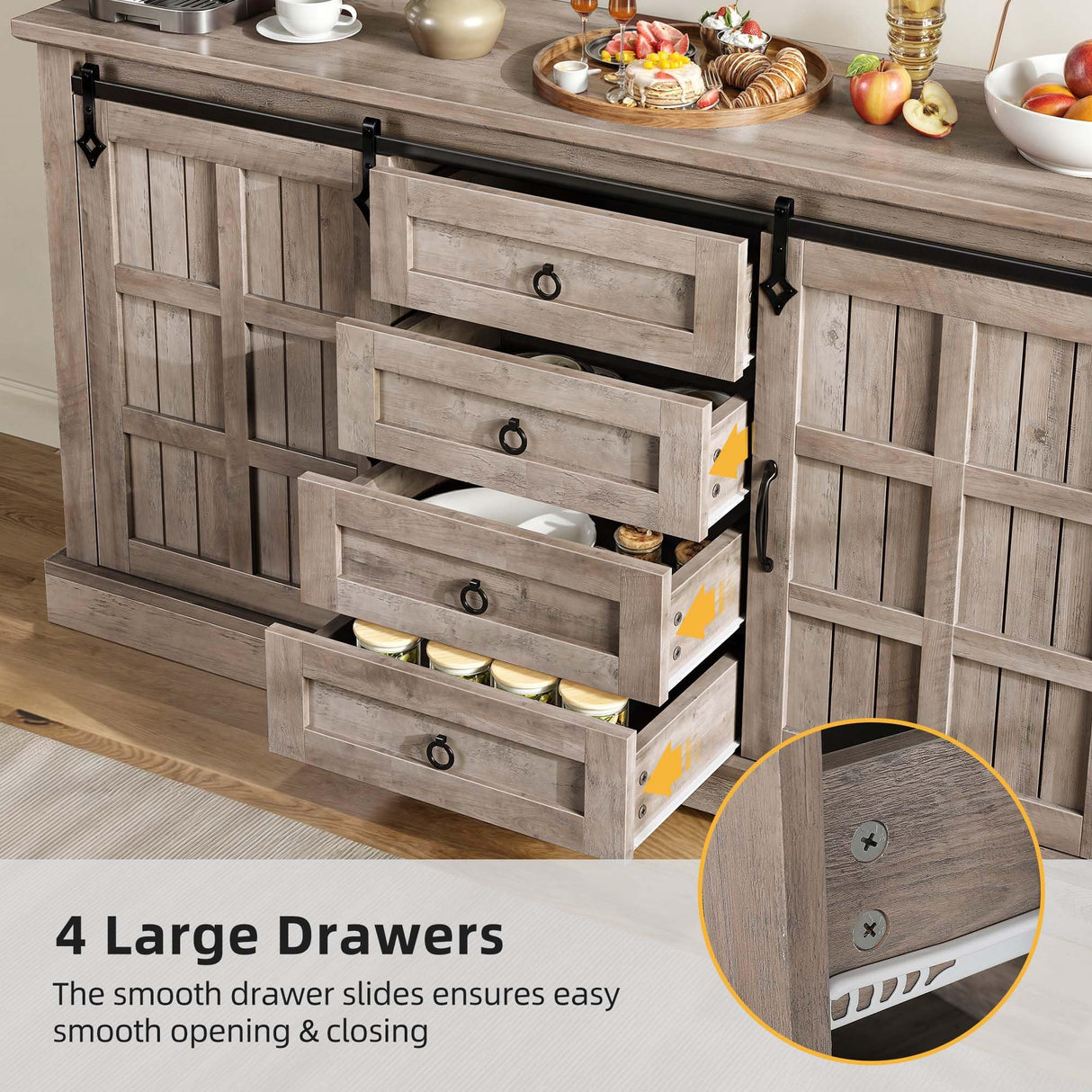 DWVO Farmhouse Sideboard Buffet Cabinet with Storage, Large Kitchen Cabinet w/Sliding Barn Doors and 4 Drawers, for Dining Room, Wash Grey DWVO