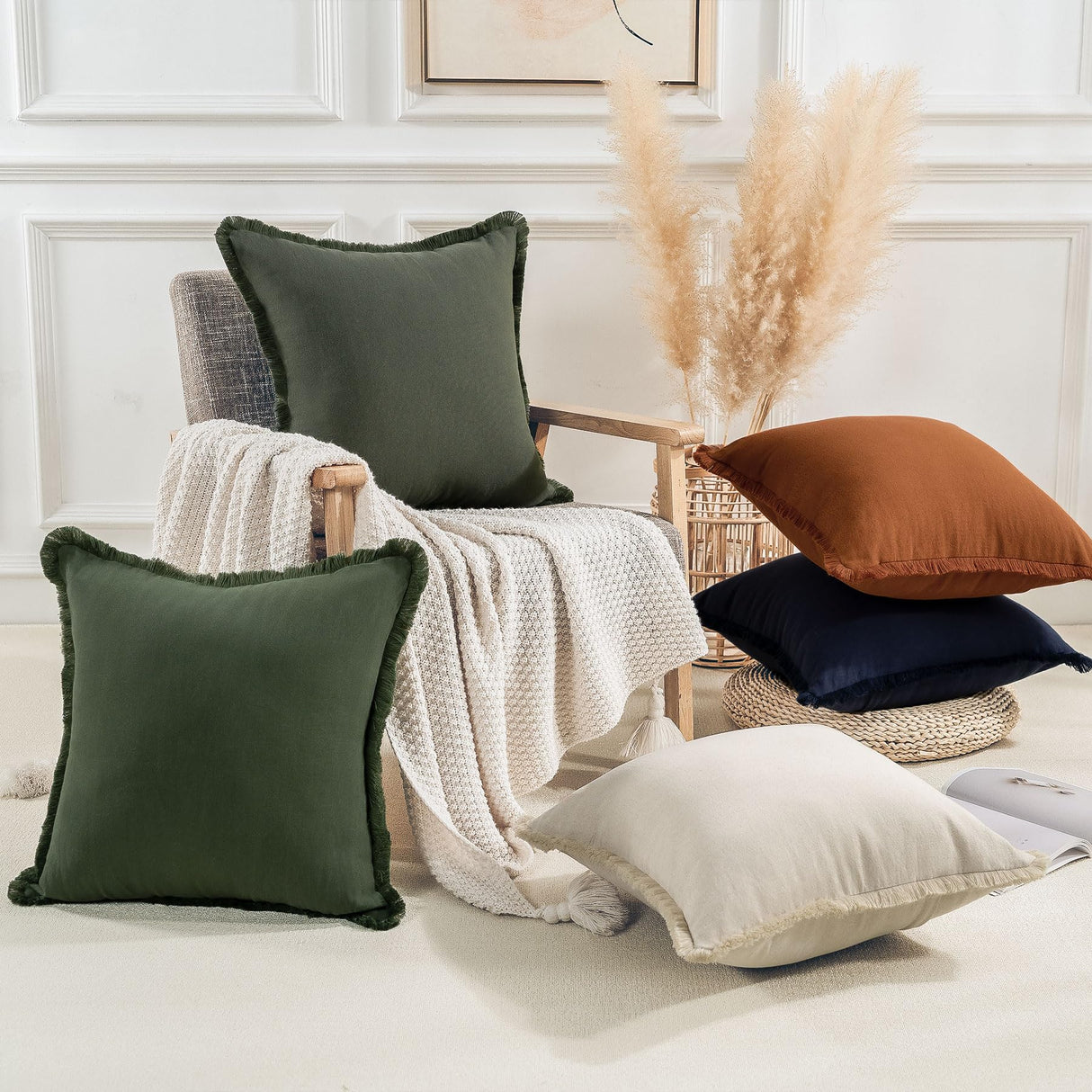 NEXHOME PRO Boho Throw Pillow Covers for Couch Set of 2 20"x20", Handmade Decorative Linen Pillow Covers Shams for Sofa, Living Room, Farmhouse Fringed Cushion Covers,Linen (NO Insert) NEXHOME PRO