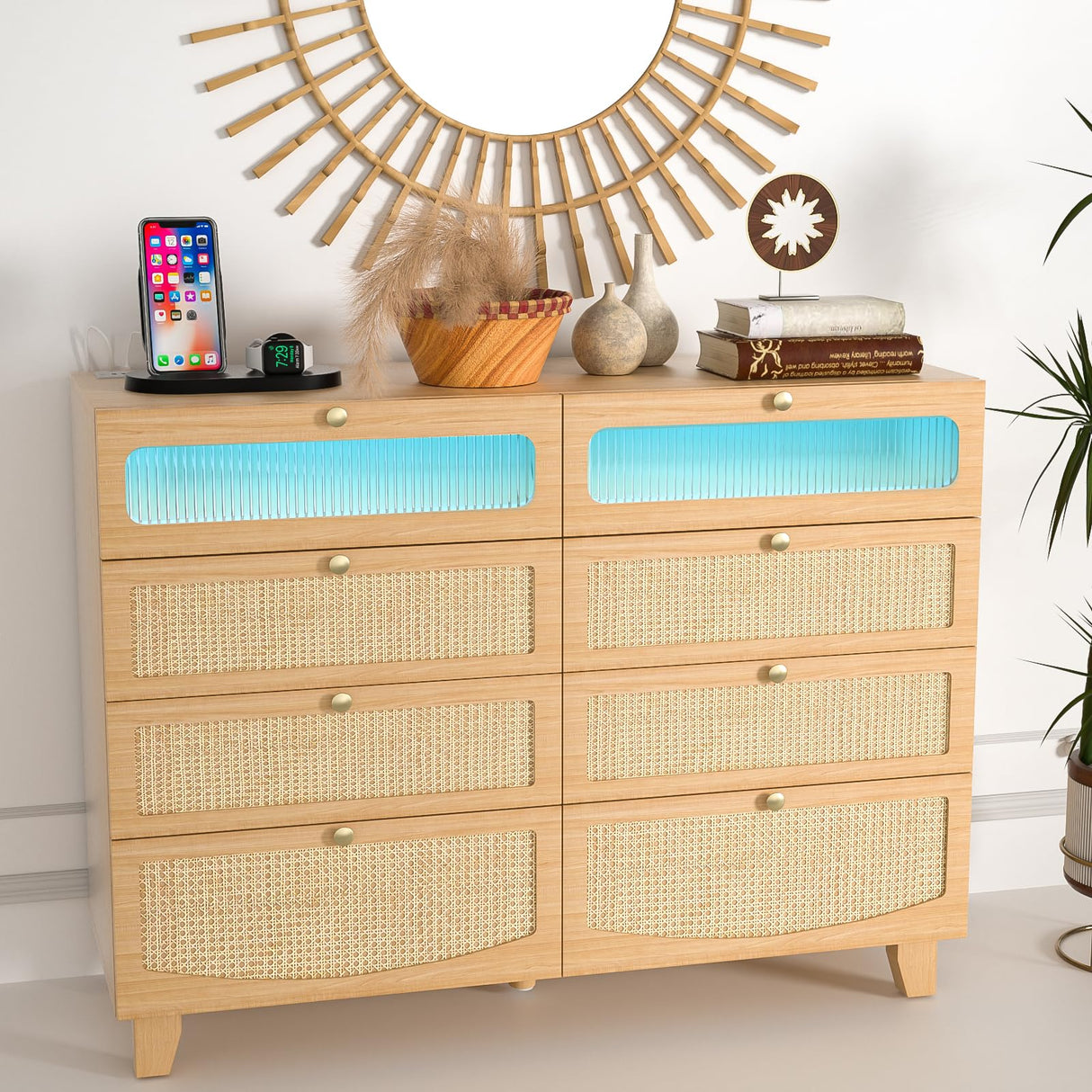 Yeyawomy Rattan Dresser for Bedroom with 8 Drawers, Wood Dresser with Charging Station & LED Lights, Boho Dressers & Chests of Drawers for Bedroom Yeyawomy