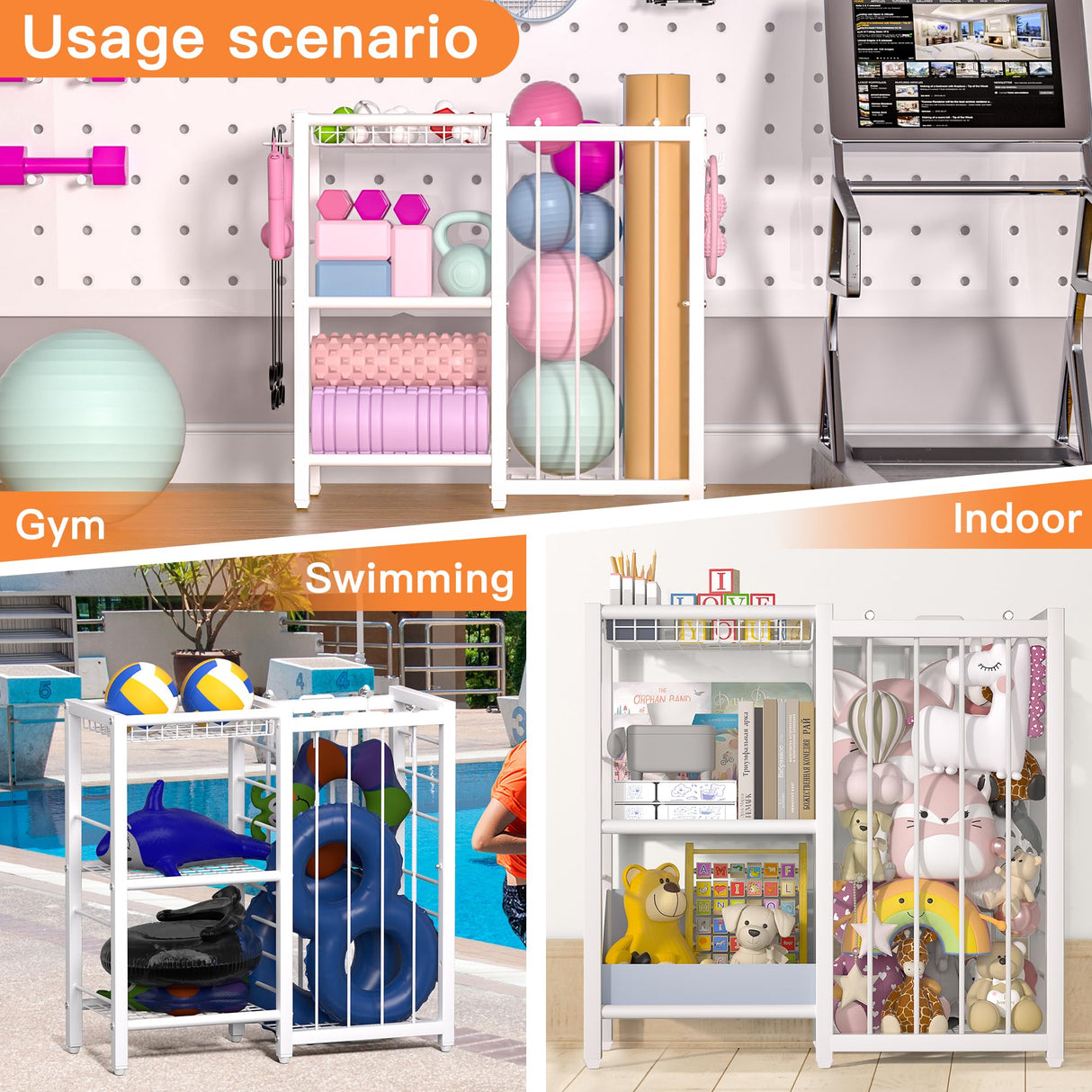 FAMIDGE Sports Equipment Organizer, Ball Storage Rack with Elastic Straps, Garage Sports Organizer Storage Cart with Hooks, Basketball Rack for for golf, Football, Soccer Ball, Bat, White FAMIDGE