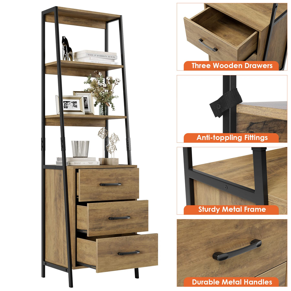 HITHOS 4-Tier Rustic Brown Ladder Bookshelf with 3 Wooden Drawers HITHOS