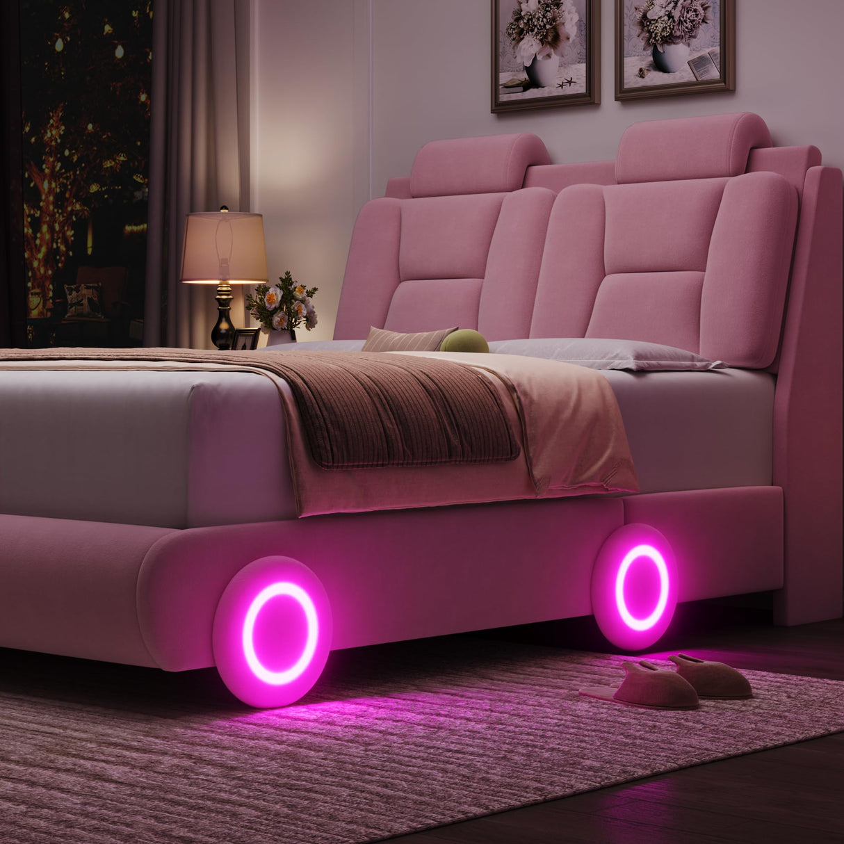 Queen Upholstered Led Bed Frame with Wheels Decor & Adjustable Curved Headboard Modern Car-Shaped Platform Bed with Detachable Pillows Solid Wooden Slats Support No Box Spring Needed, Velvet Pink Keyluv