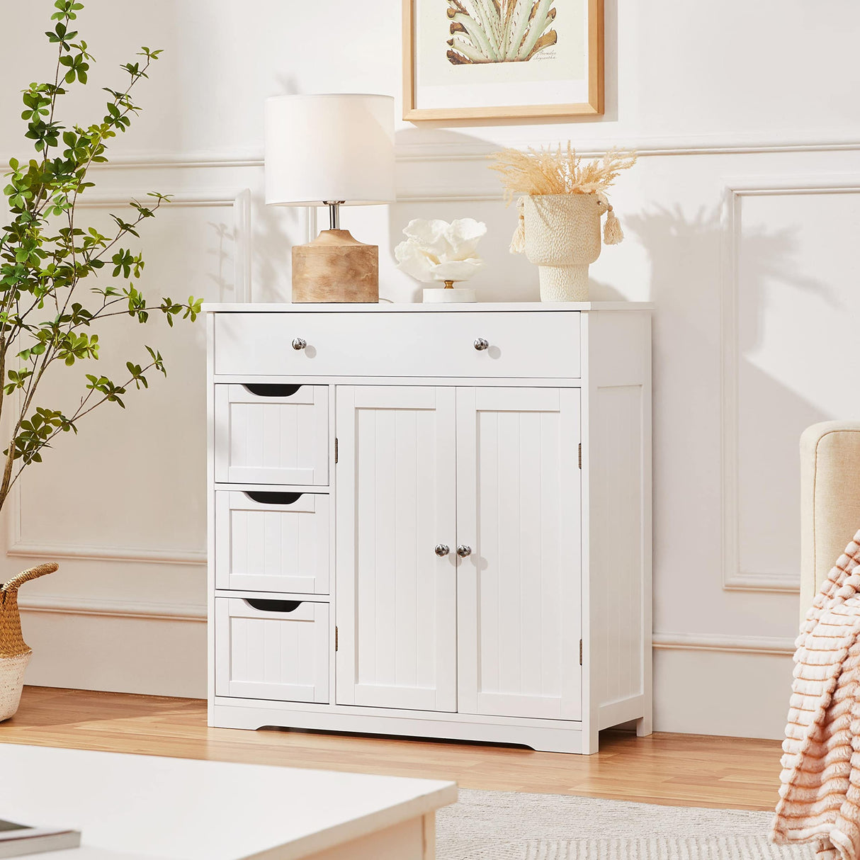 Topeakmart Bathroom Free-Standing Floor Cabinet, Practical Storage Cabinet with 4 Drawers and 2 Doors for Kitchen, Entrance Area, Living Room, Adjustable Shelves, Ample Space White Topeakmart