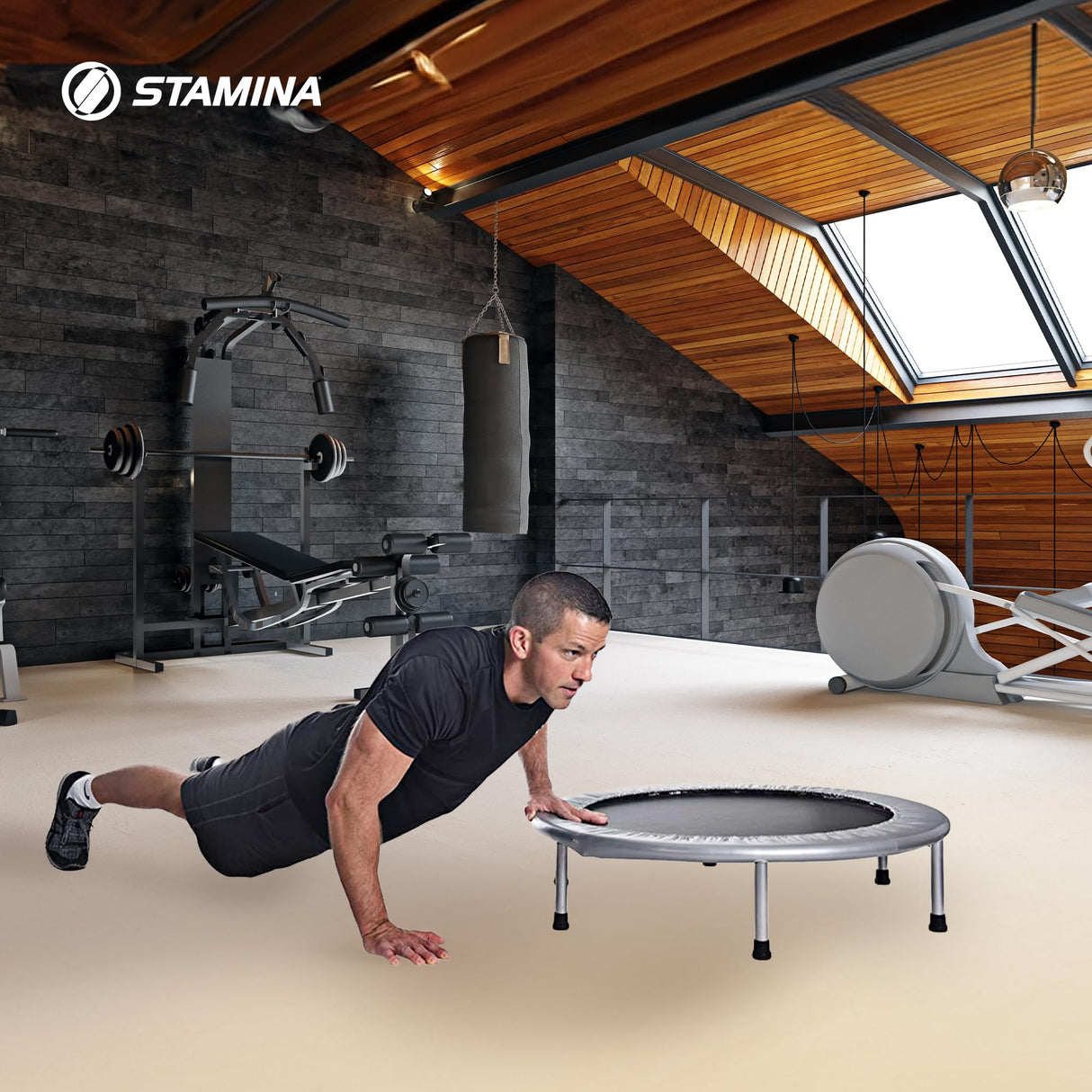 Stamina 36 Inch Durable Rugged Steel Frame Folding Trampoline with MUUV Coaching Audio App and 250 Pound Weight Capacity, Gray Stamina