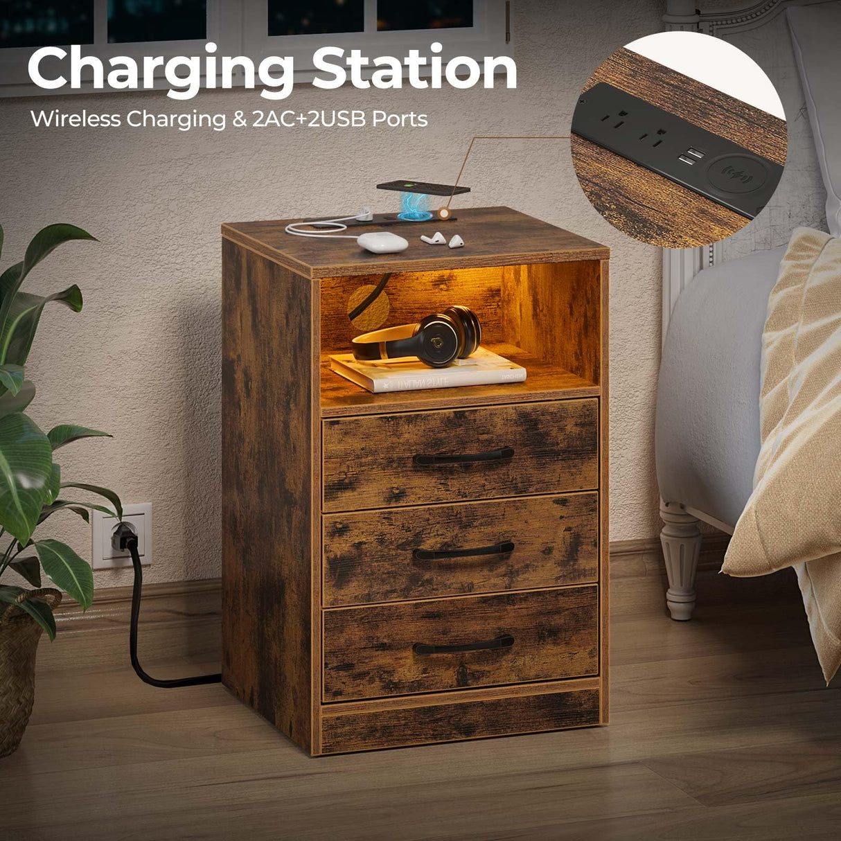 Seventable Nightstand with Wireless Charging Station and LED Lights, Rustic End Side Table with 3 Drawers and Open Compartment for Bedroom, Rustic Brown Seventable