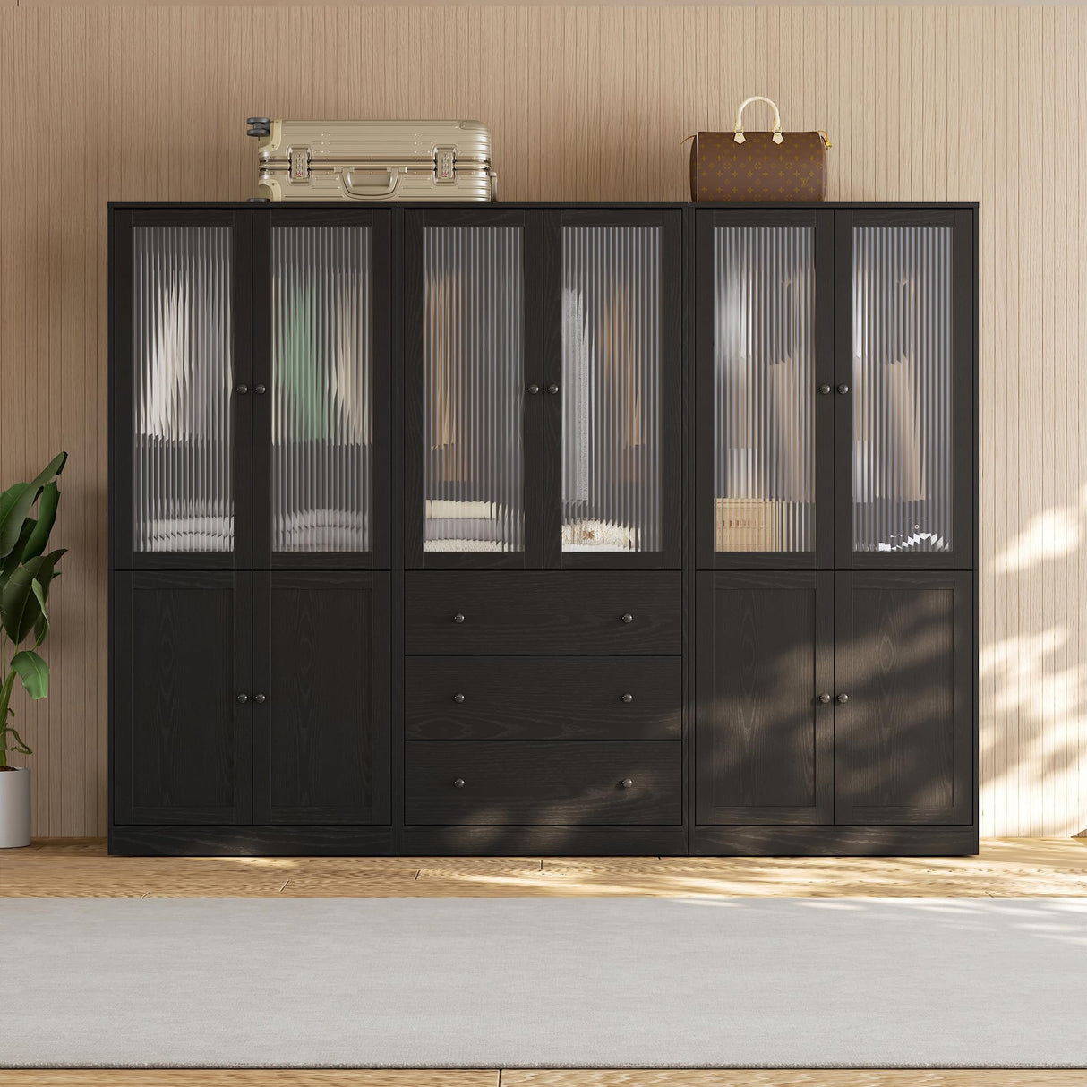 VOWNER 20“D Armoire Wardrobe Closet with Fluted Glass, 71" H Clothing Storage Cabinet with Hanging Rod, 4 Soft-Close Doors Wooden Wardrobe Cabinet for Bedroom, Large Capacity Storage Black(CCB) VOWNER