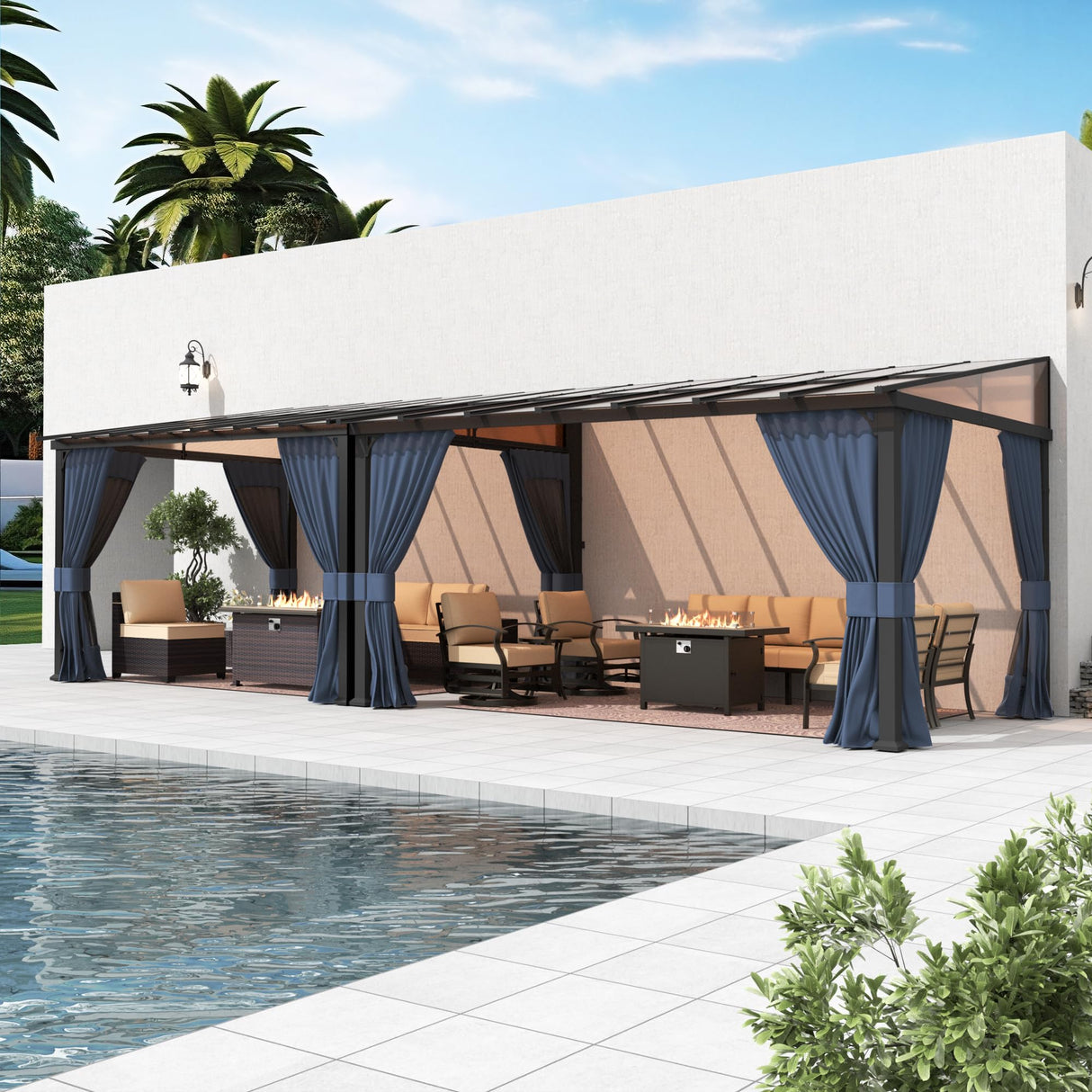 Gotland 10FTx26FT Outdoor Wall-Mounted Hardtop Pergola, Metal Frame Gazebo with Sloping Sun Panel Roof and Double Curtains for Patio, Garden, Lawn, Navy Gotland