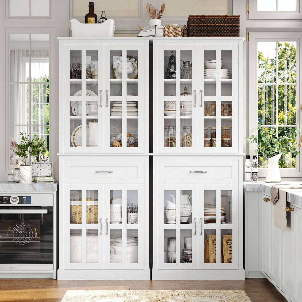 FOTOSOK 71'' Kitchen Pantry Cabinet, Tall Kitchen Cabinet Pantry Cabinet with Glass Doors and Drawer, Freestanding Food Pantry Kitchen Hunch with FOTOSOK