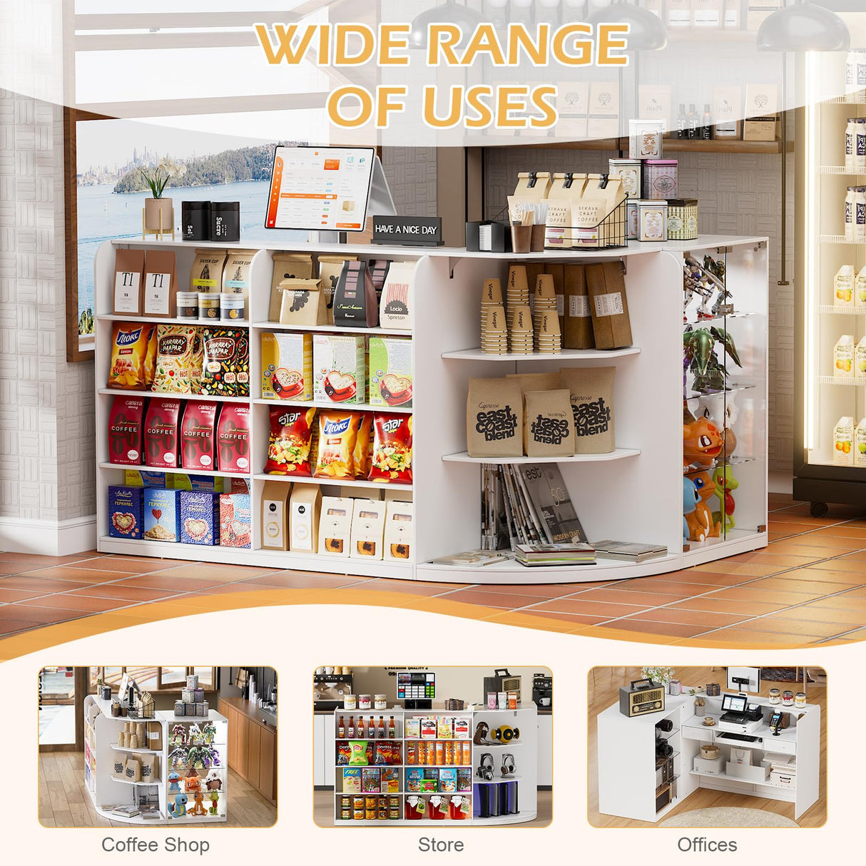 PAKASEPT Reception Desk with Counter for Retail & Checkout,Modern Front Reception Counter with Drawers & Open Shelves,L-Shaped Retail Counter with Storage for Countertop,Beauty Salon,Shop,Bar,White PAKASEPT