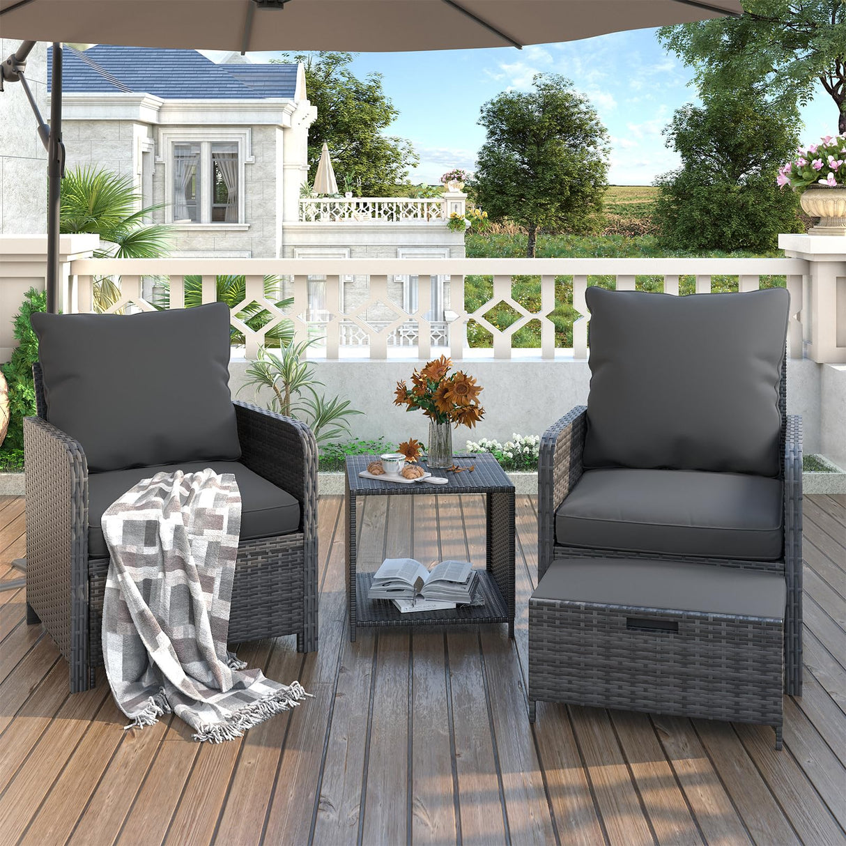 UDPATIO Wicker Patio Chairs with Ottoman Balcony Furniture 5 Pieces Patio Conversation Set with Pull Out Ottoman for Small Space UDPATIO