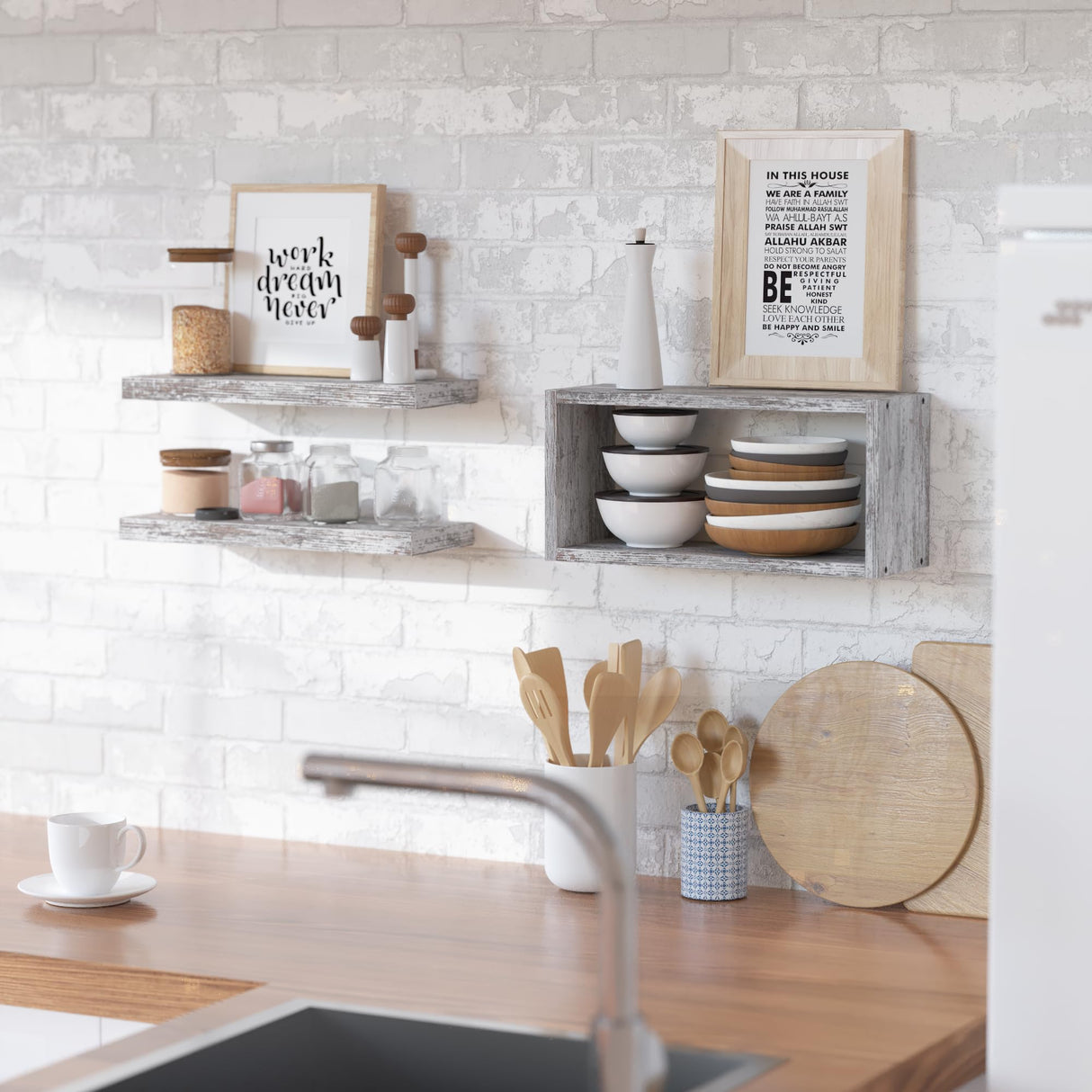 RICHER HOUSE Floating Shelves Set of 3, Farmhouse Bathroom Shelves Wall Mounted Shelves with Invisible Brackets Over Toilet, Wall Shelves for Bathroom Bedroom, Living Room, Kitchen - Rustic White RICHER HOUSE