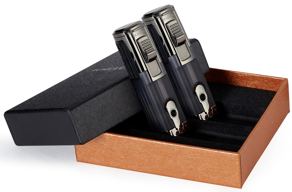 TOMOLO Cigar Lighter Triple Jet Flame Torch Lighter Refillable Butane Lighter with Cigar Punch, 2 Pack, Charcoal TOMOLO
