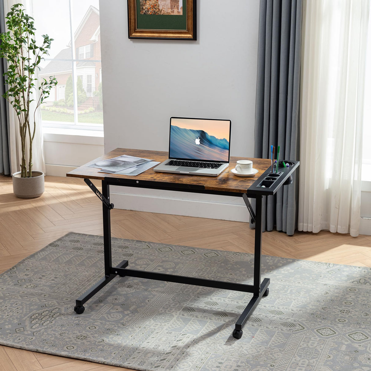 VECELO Vintage Drawing Drafting Table, Adjustable Tilting Top Art Desk Craft Work Station with Pencil Ledge, Lockable Slide Rolling Wheels for Painting Diamond Reading Writing Study, Rustic Brown VECELO