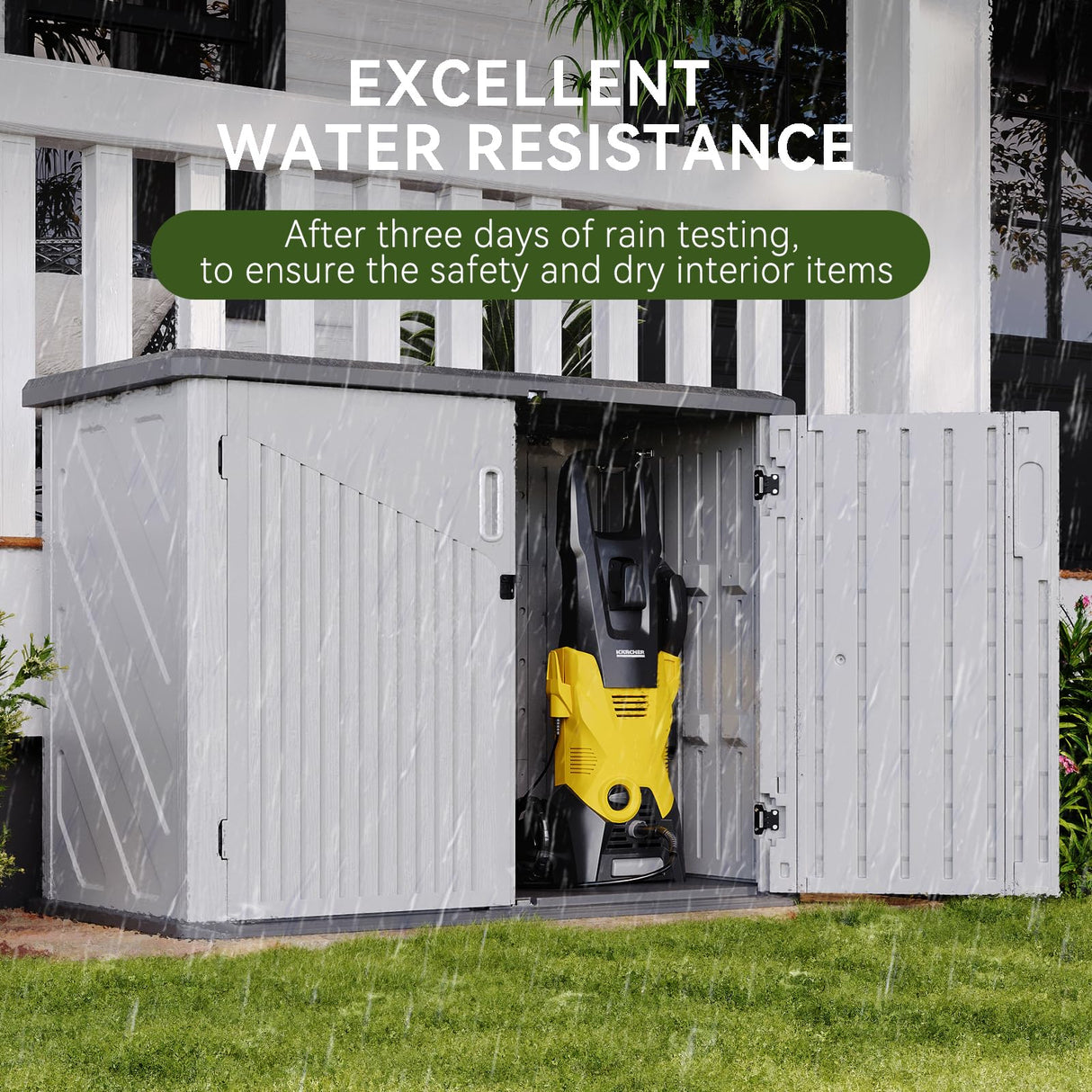 Aoxun White Outdoor Storage Cabinet with 2 Shelves, 35 Cu.Ft Trash Can Storage Shed, Waterproof, Horizontal Storage for Garbage Bin, Generator, Lawn Mower Aoxun