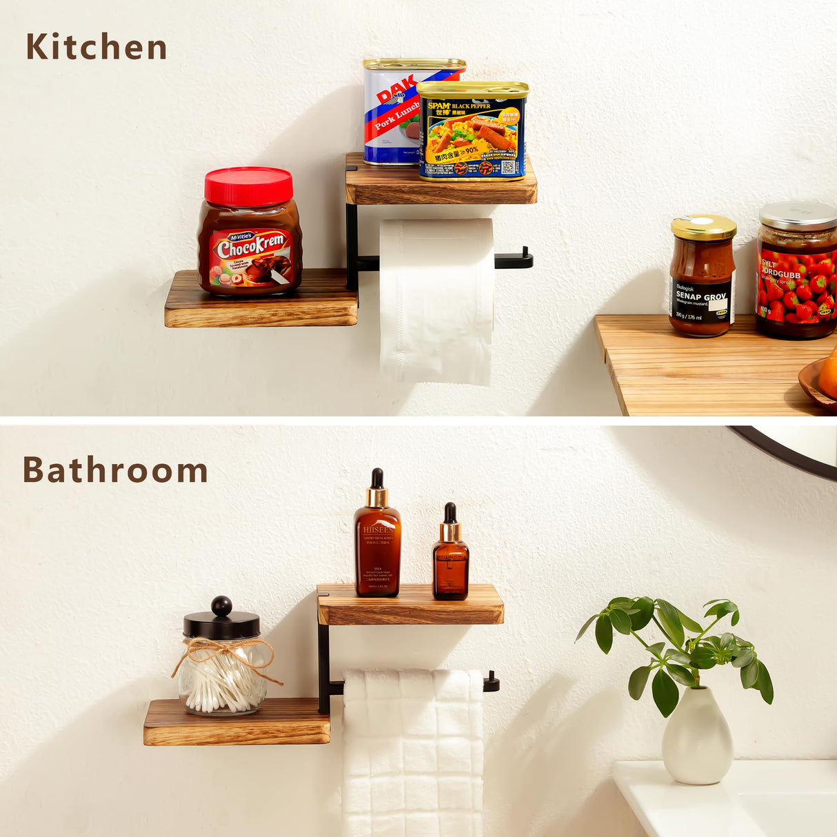 AIDILI Toilet Paper Holder with Shelf Wall Mounted - Bathroom Tissue Holder&Farmhouse Toilet Roll Holder with Wipes Storage, Carbon Rustic AIDILI