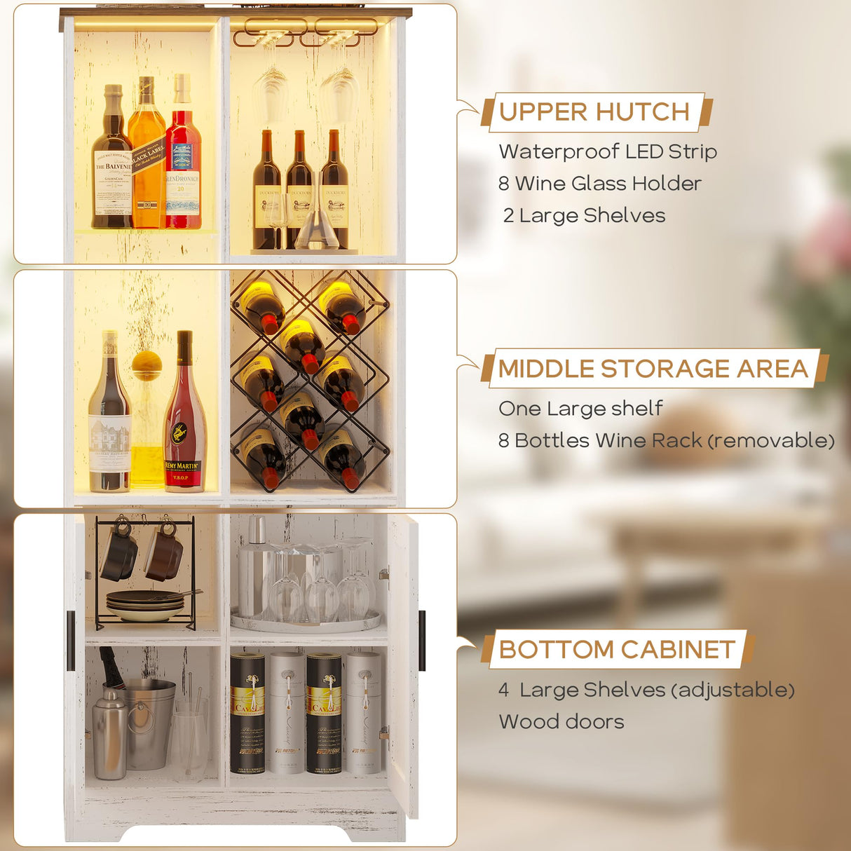 Kasibie Wine Cabinet, Wine Bar Cabinet with LED Lights, Liquor Cabinet with Glass Holder Wine Rack, Farmhouse Modern Liquor Cabinet with Storage for Home (Wood White) Kasibie