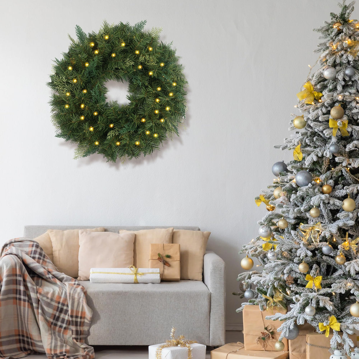 Christmas Wreath Pre-lit 24 inch with 50 Led & Cupressus Tips, Battery Operated Artificial Christmas Wreaths for Front Door with Timer Lights, Wreath for Christmas Decoration Door Windows Wall Green HomeKaren