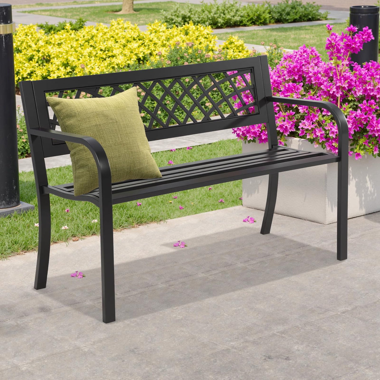 BSTOPHKL Outdoor Bench,Patio Garden Benches,Metal Weatherproof Porch Bench with Grid-Patterned Backrest and Armrest for Park Courtyard Porch,Bearing Capacity 480lbs,Black BSTOPHKL